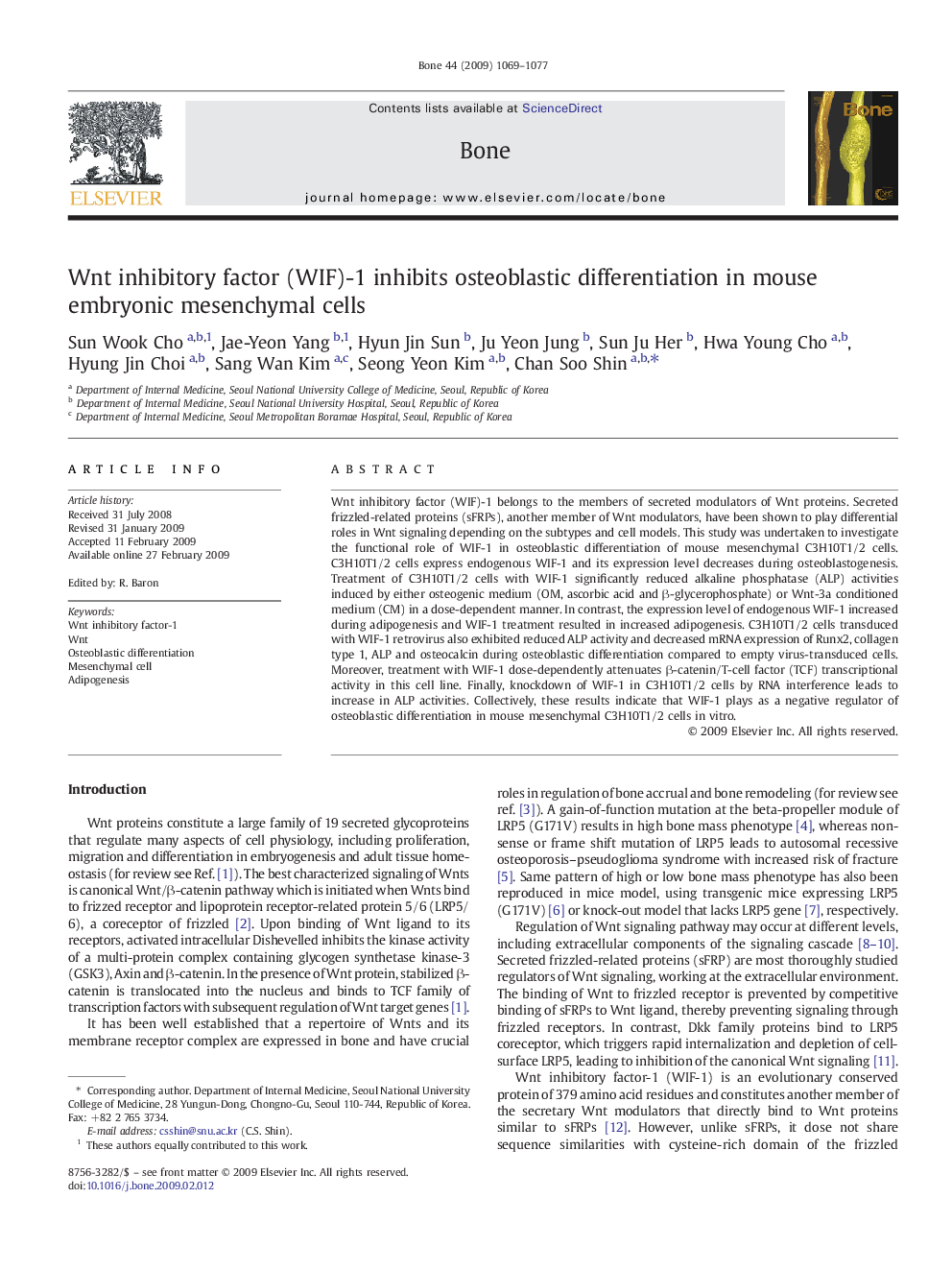 Wnt inhibitory factor (WIF)-1 inhibits osteoblastic differentiation in mouse embryonic mesenchymal cells