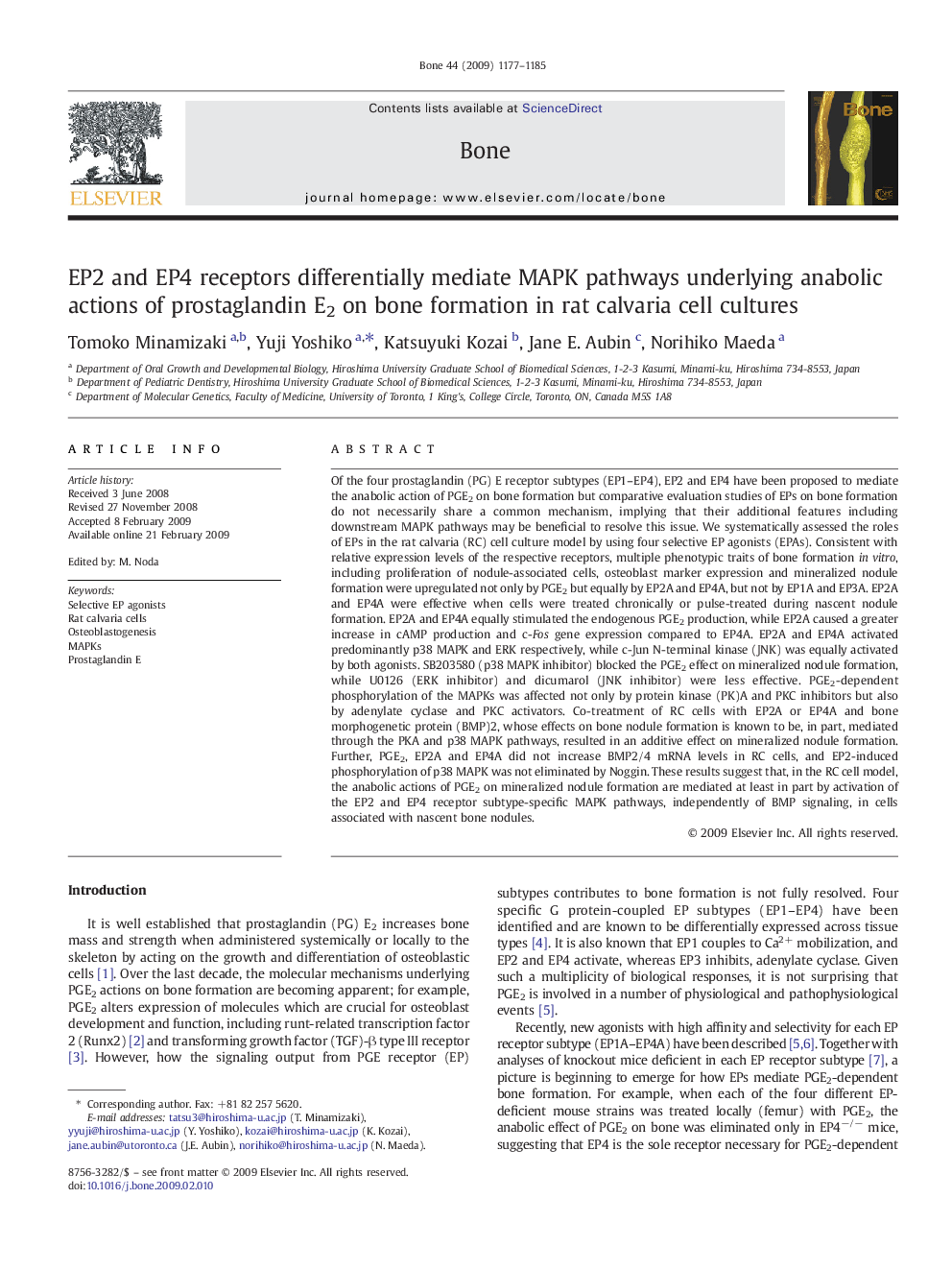 EP2 and EP4 receptors differentially mediate MAPK pathways underlying anabolic actions of prostaglandin E2 on bone formation in rat calvaria cell cultures