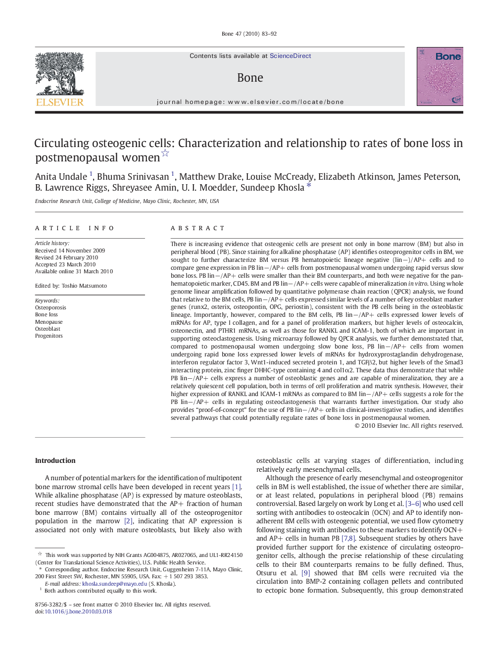 Circulating osteogenic cells: Characterization and relationship to rates of bone loss in postmenopausal women 