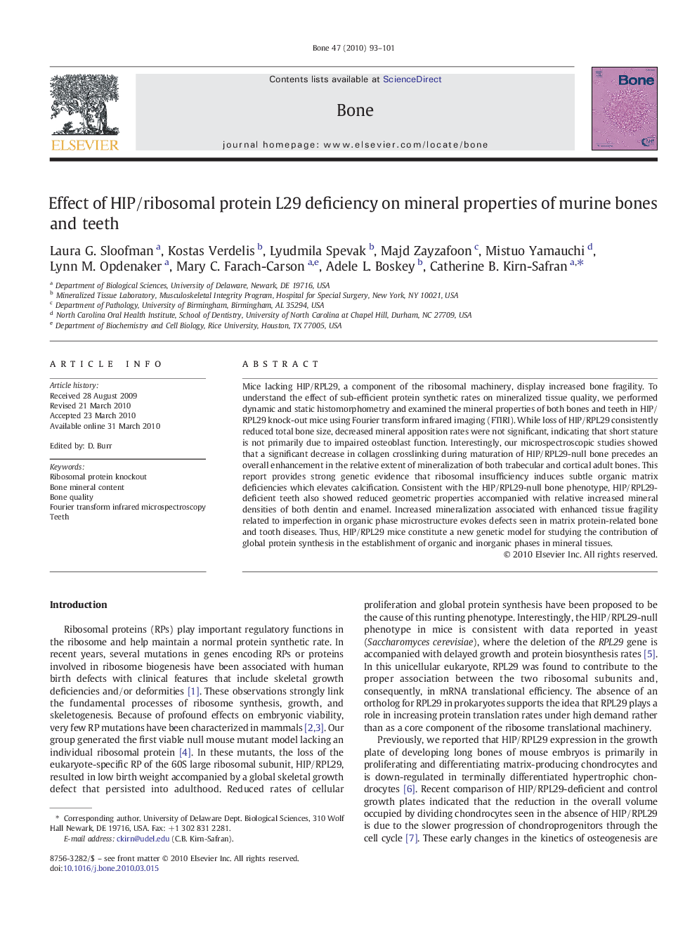 Effect of HIP/ribosomal protein L29 deficiency on mineral properties of murine bones and teeth