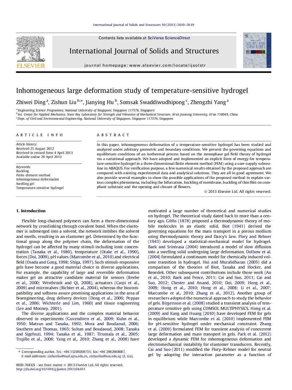 Inhomogeneous large deformation study of temperature-sensitive hydrogel