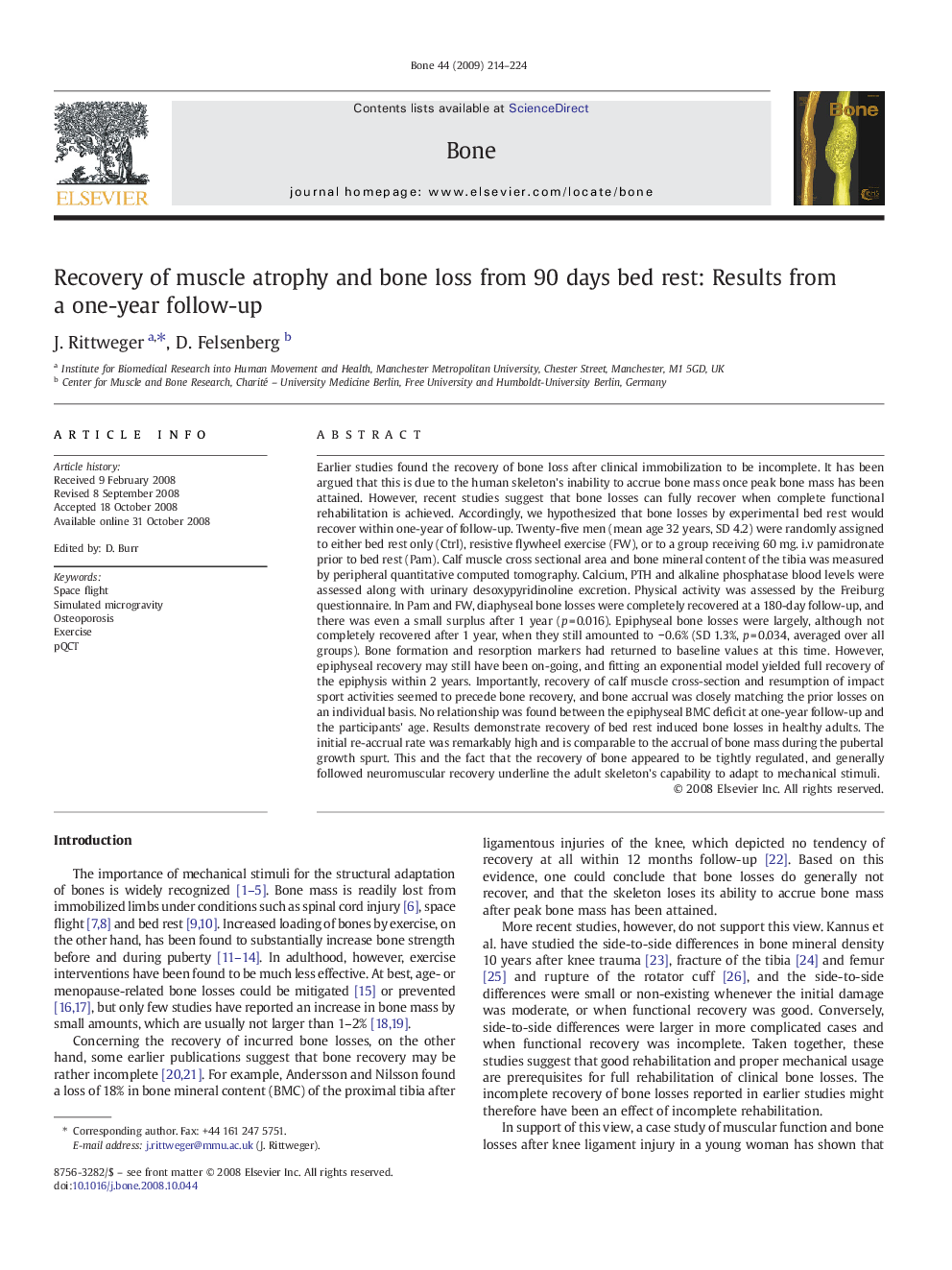 Recovery of muscle atrophy and bone loss from 90 days bed rest: Results from a one-year follow-up