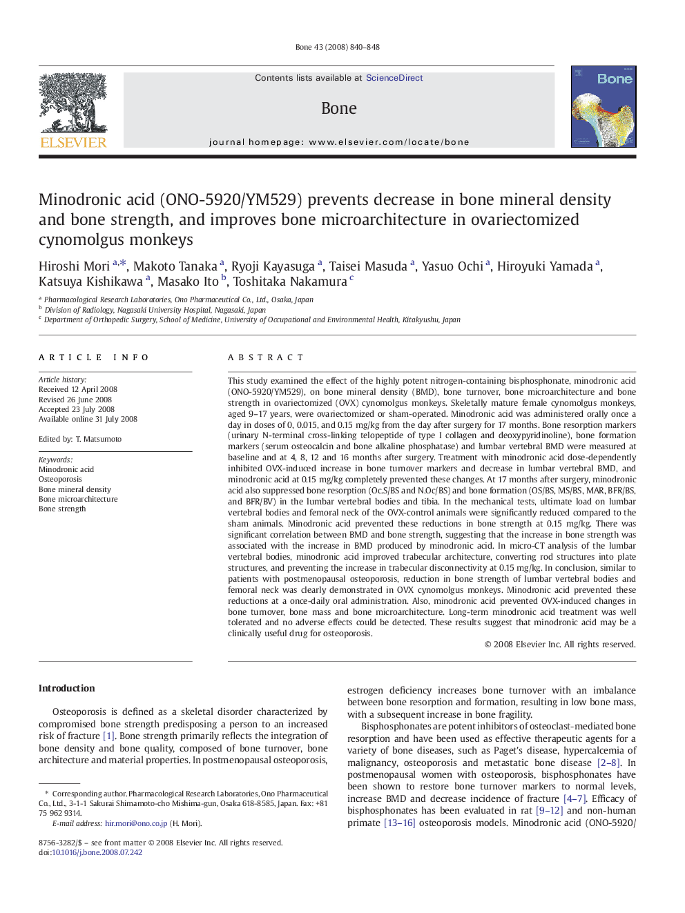 Minodronic acid (ONO-5920/YM529) prevents decrease in bone mineral density and bone strength, and improves bone microarchitecture in ovariectomized cynomolgus monkeys