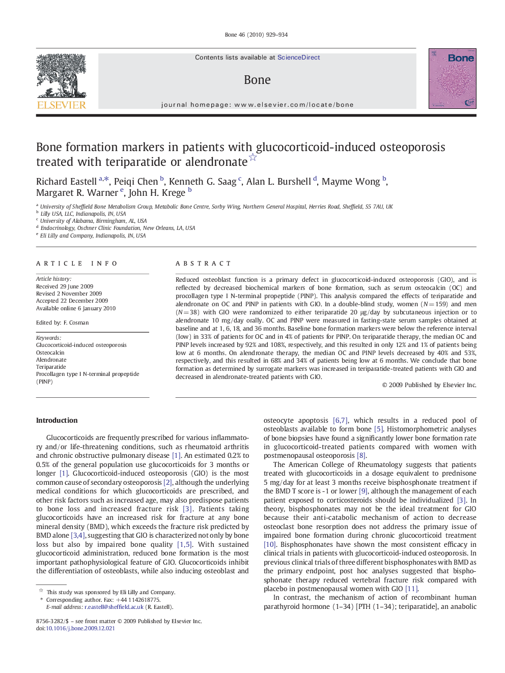 Bone formation markers in patients with glucocorticoid-induced osteoporosis treated with teriparatide or alendronate 