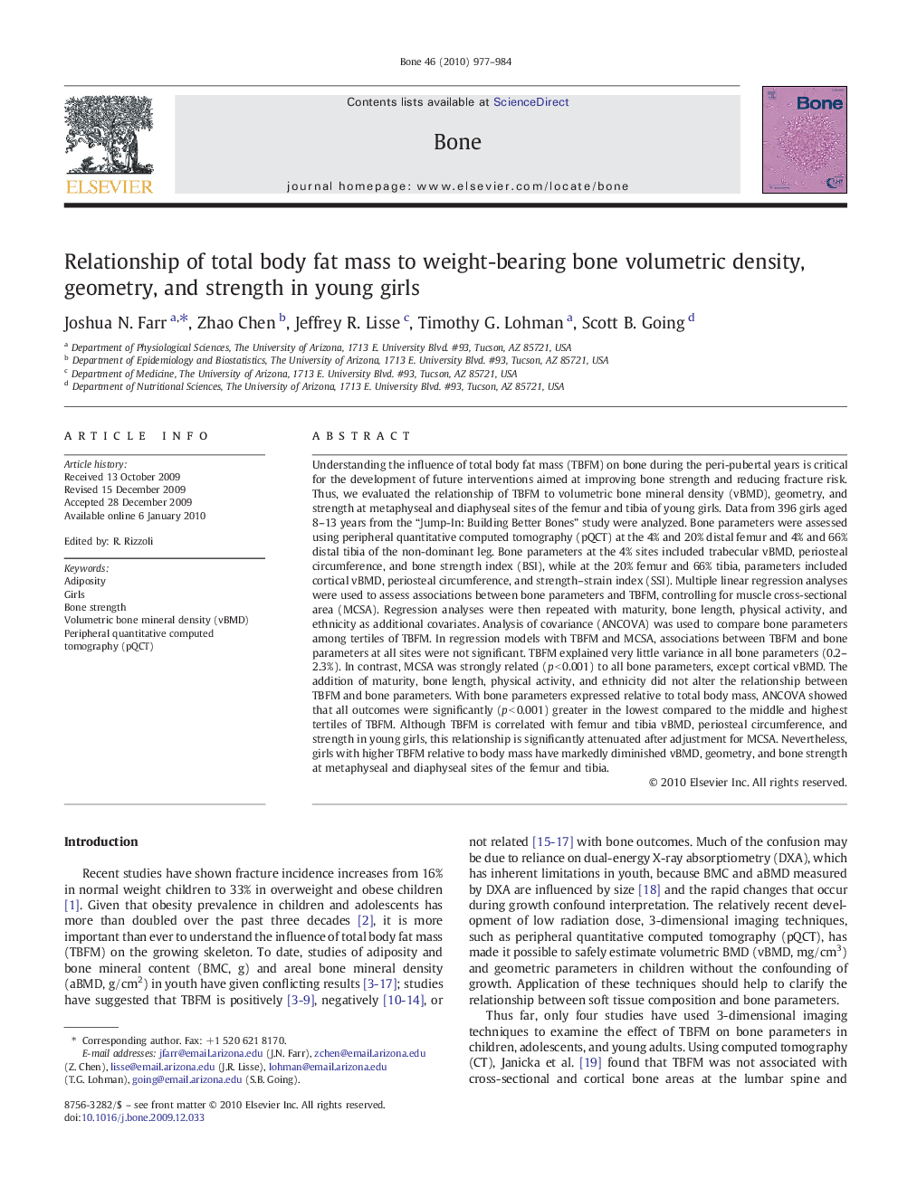 Relationship of total body fat mass to weight-bearing bone volumetric density, geometry, and strength in young girls