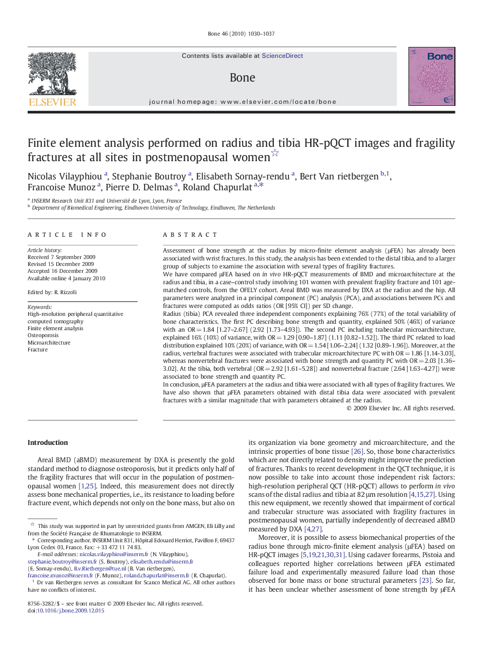 Finite element analysis performed on radius and tibia HR-pQCT images and fragility fractures at all sites in postmenopausal women 