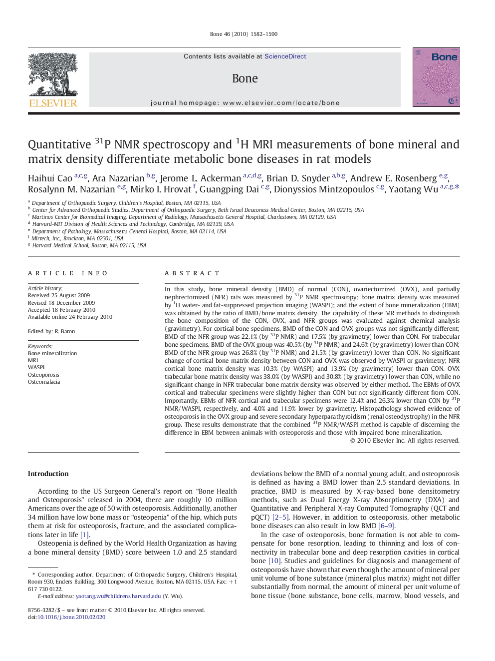 Quantitative 31P NMR spectroscopy and 1H MRI measurements of bone mineral and matrix density differentiate metabolic bone diseases in rat models