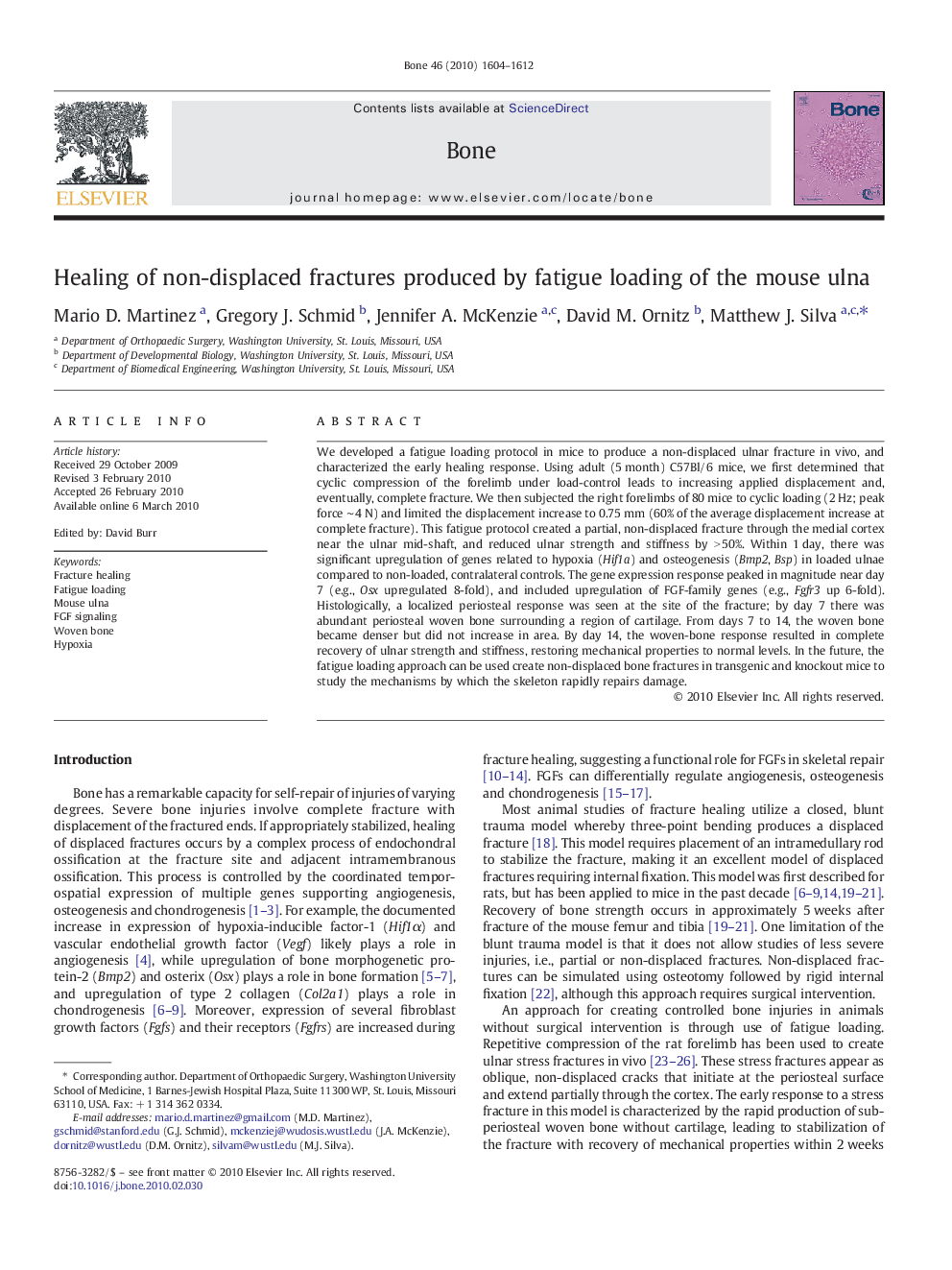 Healing of non-displaced fractures produced by fatigue loading of the mouse ulna