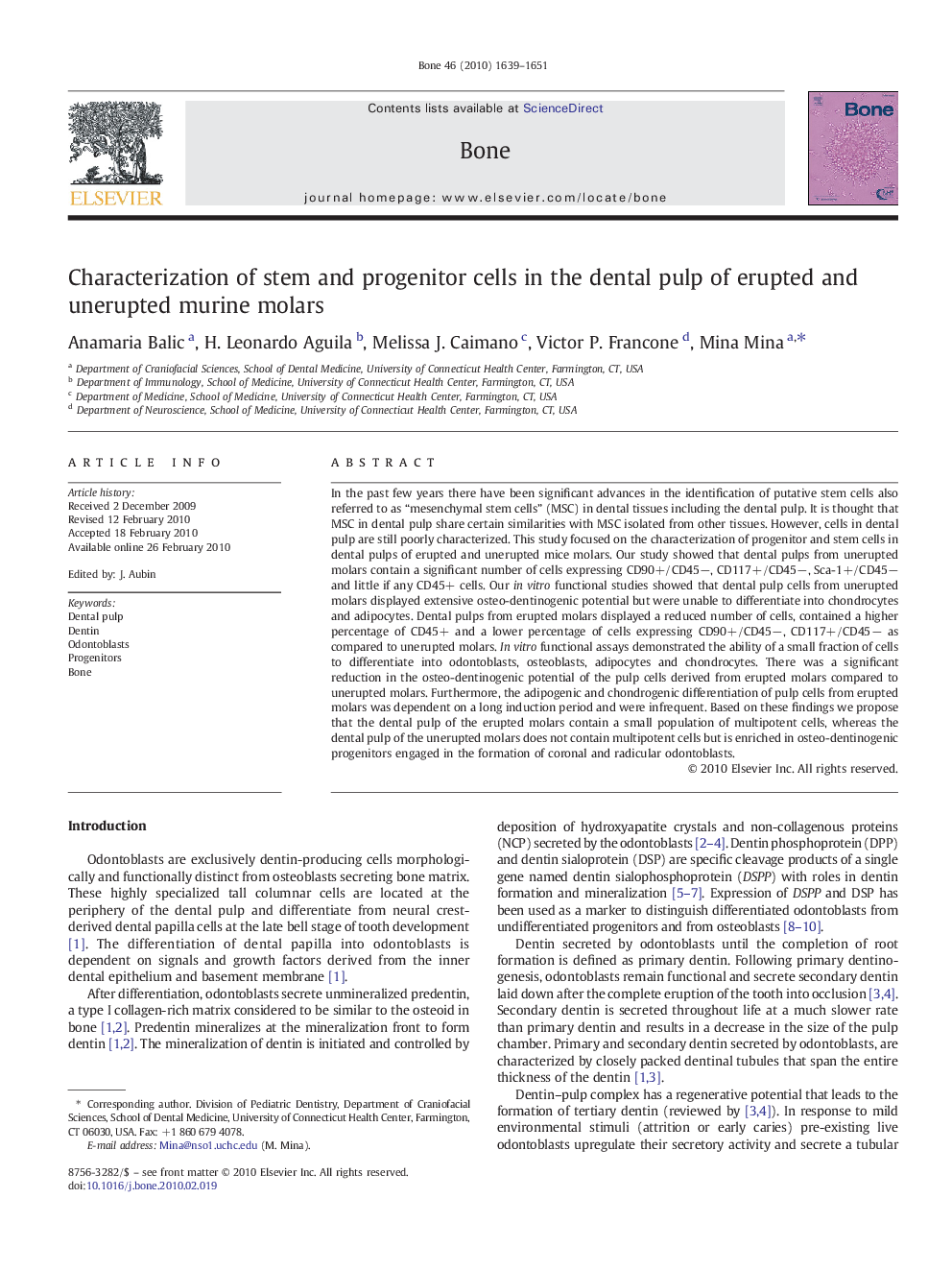 Characterization of stem and progenitor cells in the dental pulp of erupted and unerupted murine molars