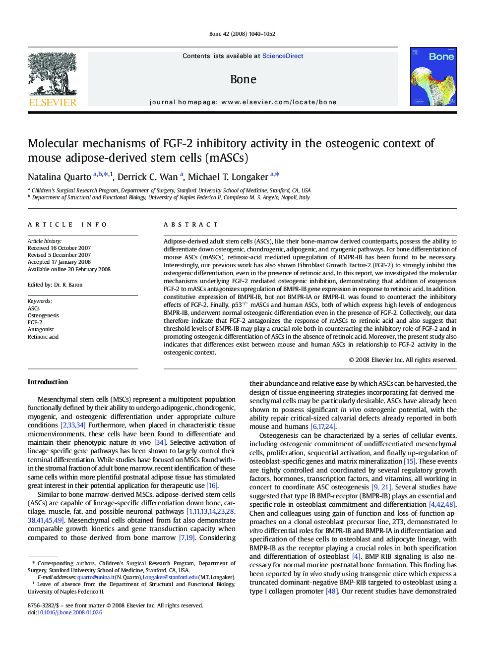 Molecular mechanisms of FGF-2 inhibitory activity in the osteogenic context of mouse adipose-derived stem cells (mASCs)