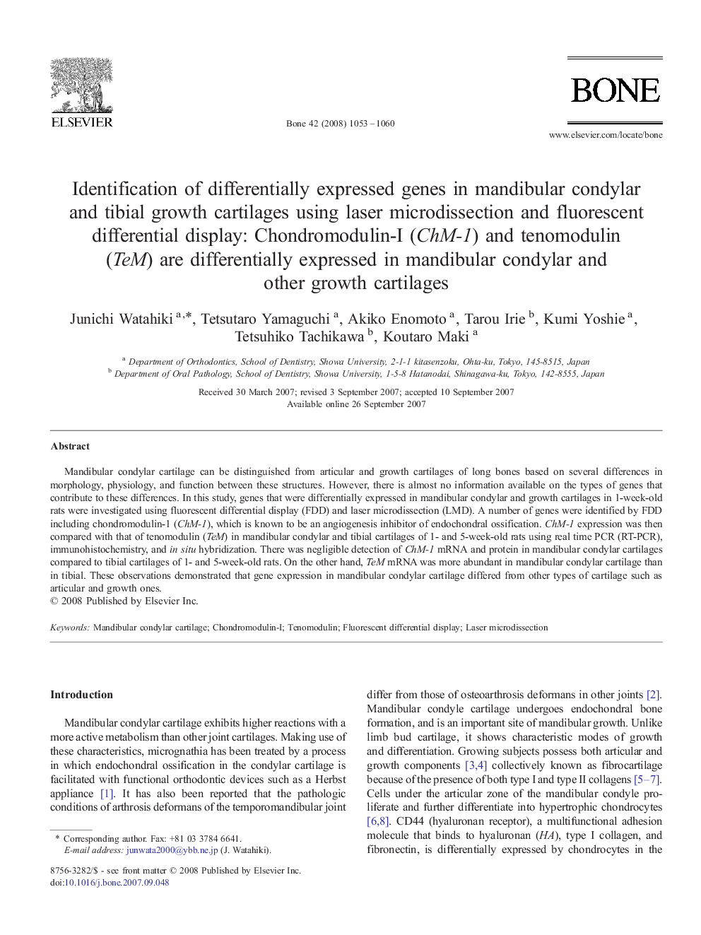 Identification of differentially expressed genes in mandibular condylar and tibial growth cartilages using laser microdissection and fluorescent differential display: Chondromodulin-I (ChM-1) and tenomodulin (TeM) are differentially expressed in mandibula