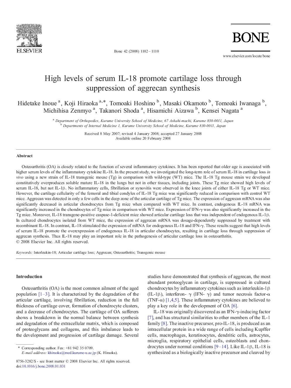 High levels of serum IL-18 promote cartilage loss through suppression of aggrecan synthesis