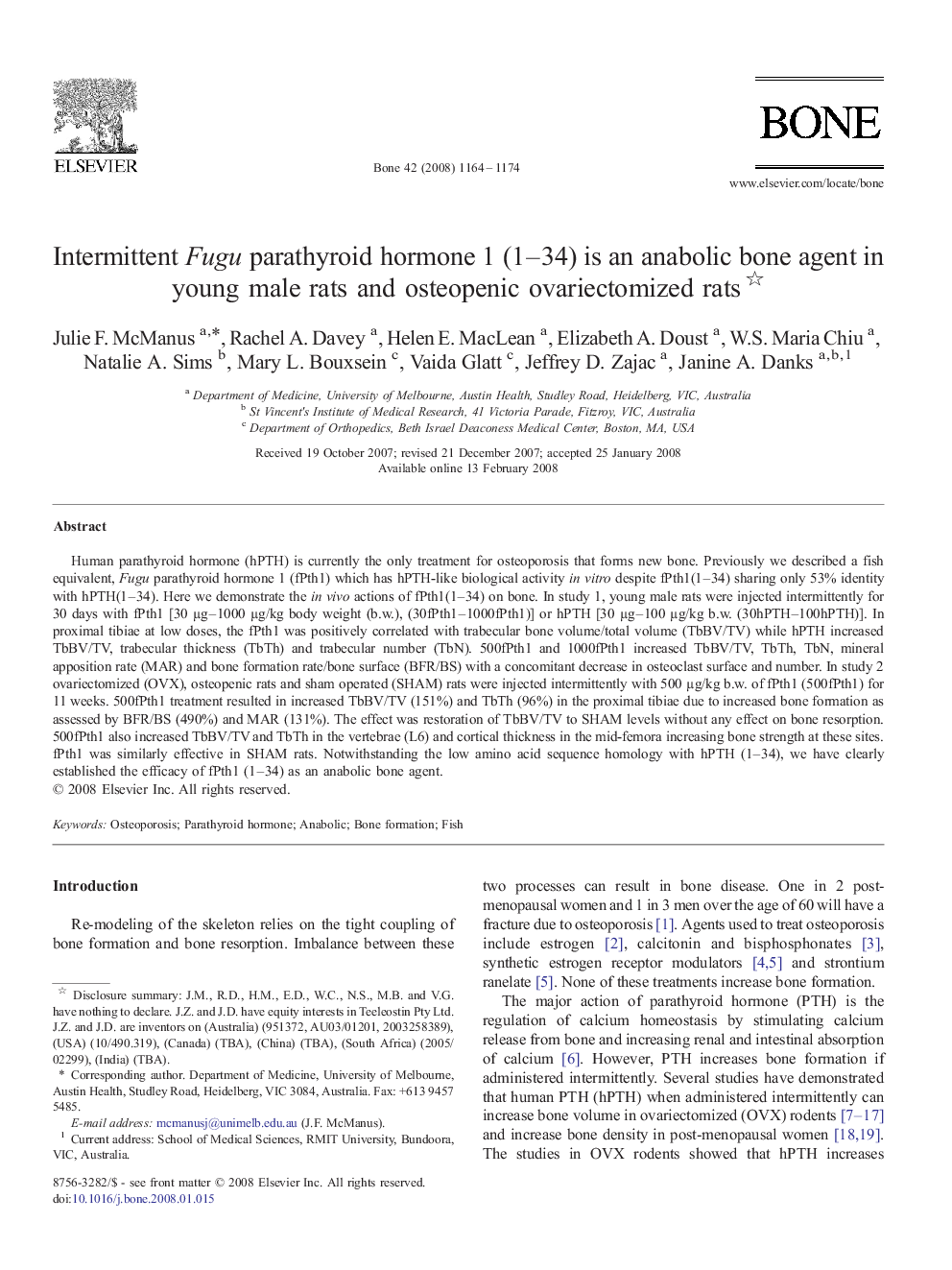 Intermittent Fugu parathyroid hormone 1 (1–34) is an anabolic bone agent in young male rats and osteopenic ovariectomized rats 