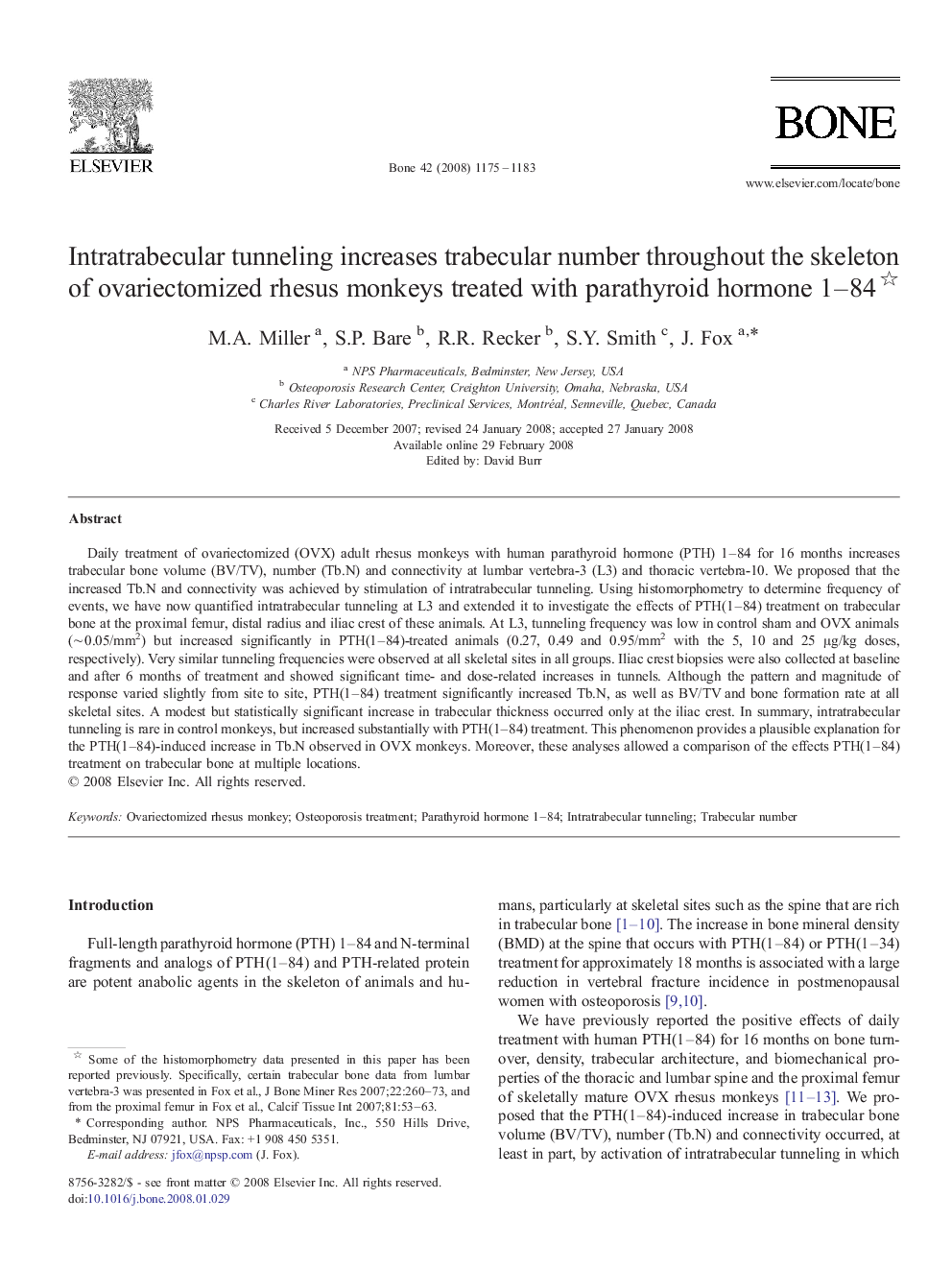 Intratrabecular tunneling increases trabecular number throughout the skeleton of ovariectomized rhesus monkeys treated with parathyroid hormone 1–84 