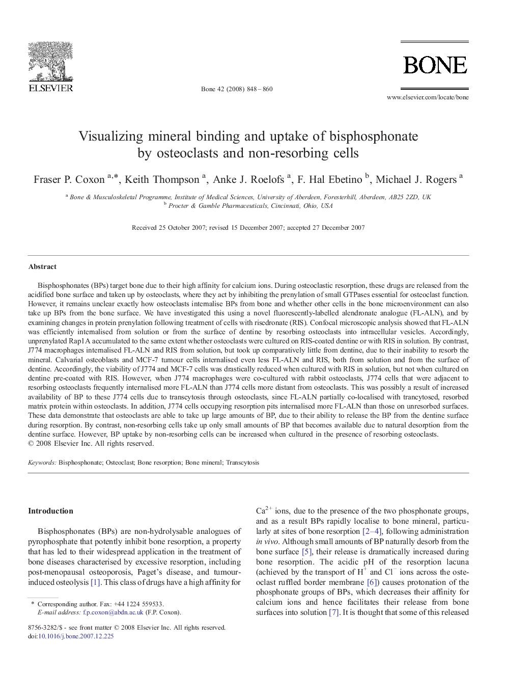 Visualizing mineral binding and uptake of bisphosphonate by osteoclasts and non-resorbing cells