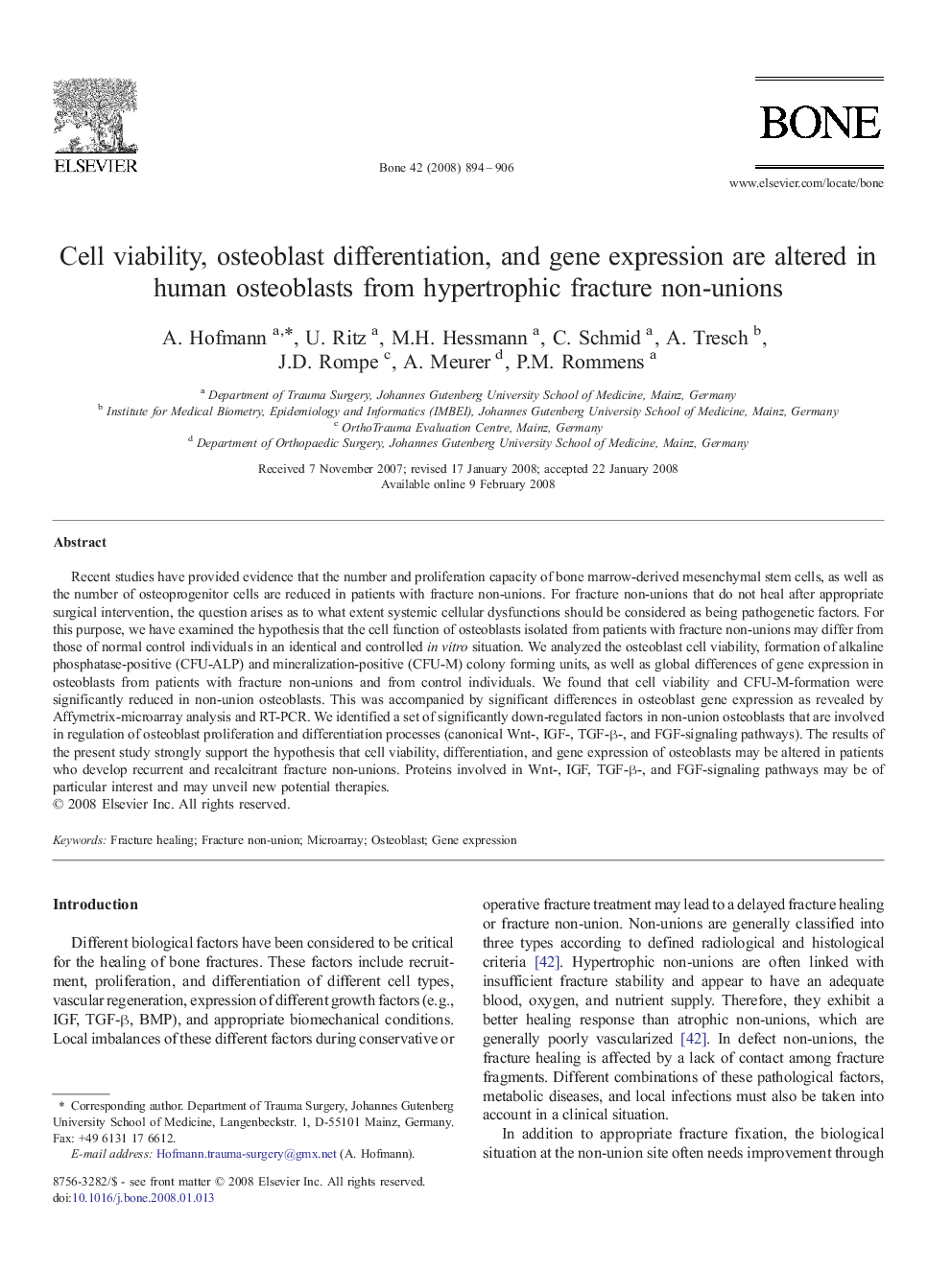 Cell viability, osteoblast differentiation, and gene expression are altered in human osteoblasts from hypertrophic fracture non-unions