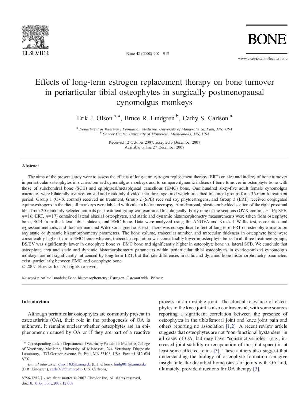 Effects of long-term estrogen replacement therapy on bone turnover in periarticular tibial osteophytes in surgically postmenopausal cynomolgus monkeys