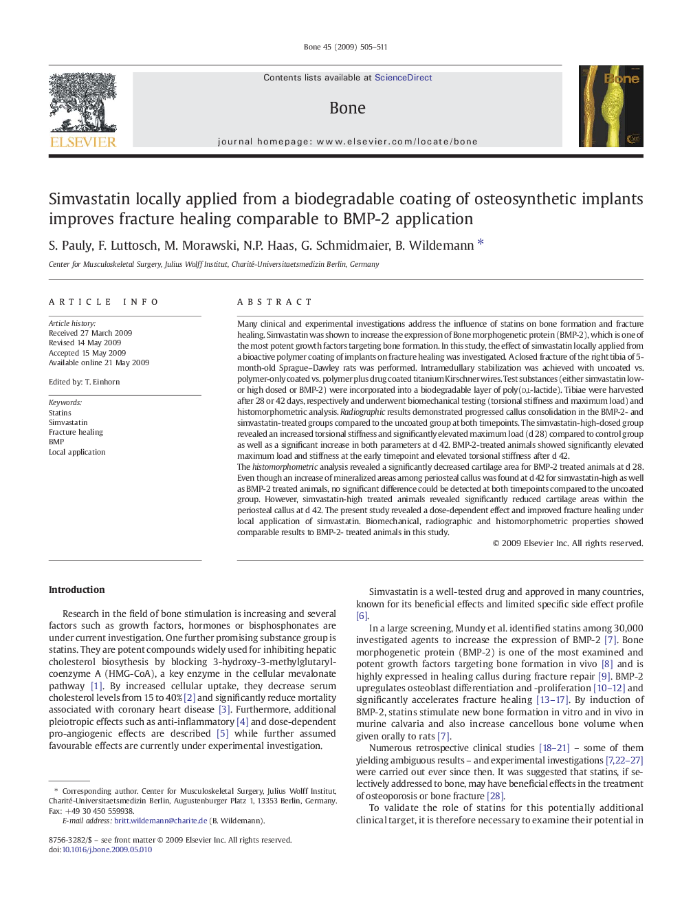 عکس صفحه اول مقاله: Simvastatin locally applied from a biodegradable coating of osteosynthetic implants improves fracture healing comparable to BMP-2 application Simvastatin locally applied from a biodegradable coating of osteosynthetic implants improves fracture healing comparable to BMP-2 application