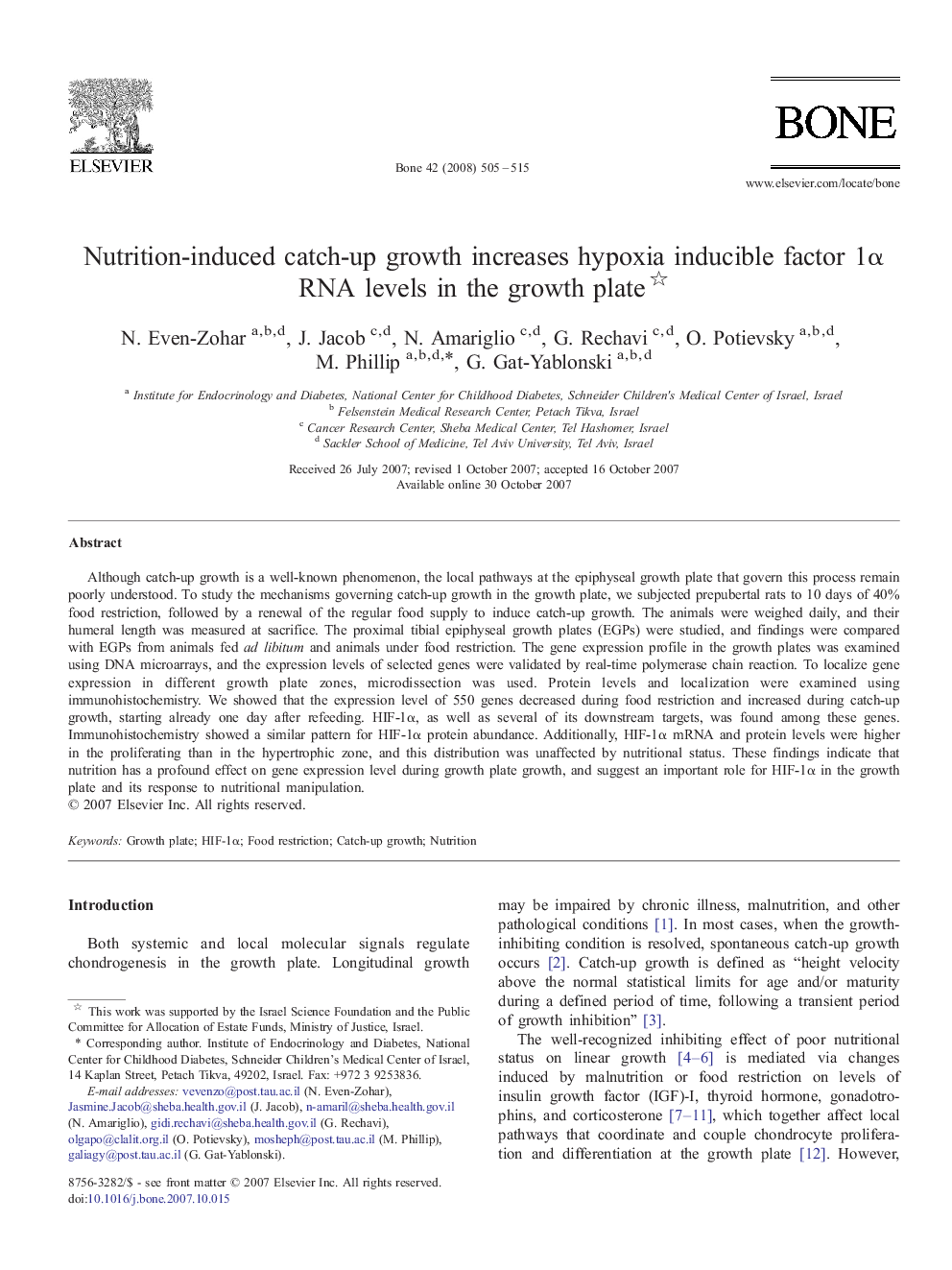 Nutrition-induced catch-up growth increases hypoxia inducible factor 1α RNA levels in the growth plate 