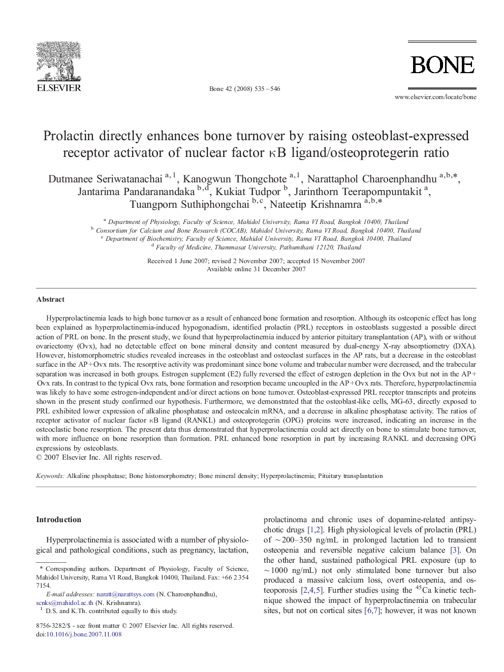 Prolactin directly enhances bone turnover by raising osteoblast-expressed receptor activator of nuclear factor κB ligand/osteoprotegerin ratio