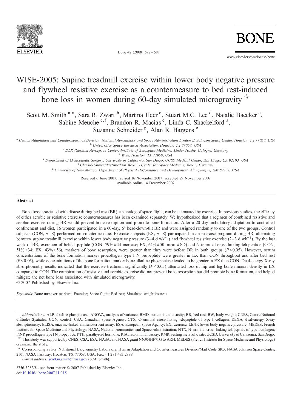 WISE-2005: Supine treadmill exercise within lower body negative pressure and flywheel resistive exercise as a countermeasure to bed rest-induced bone loss in women during 60-day simulated microgravity 