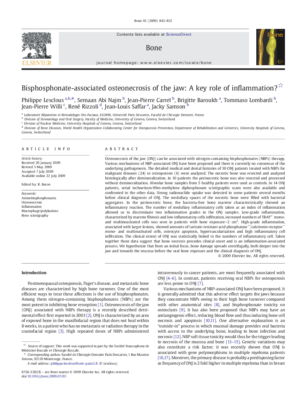 Bisphosphonate-associated osteonecrosis of the jaw: A key role of inflammation? 