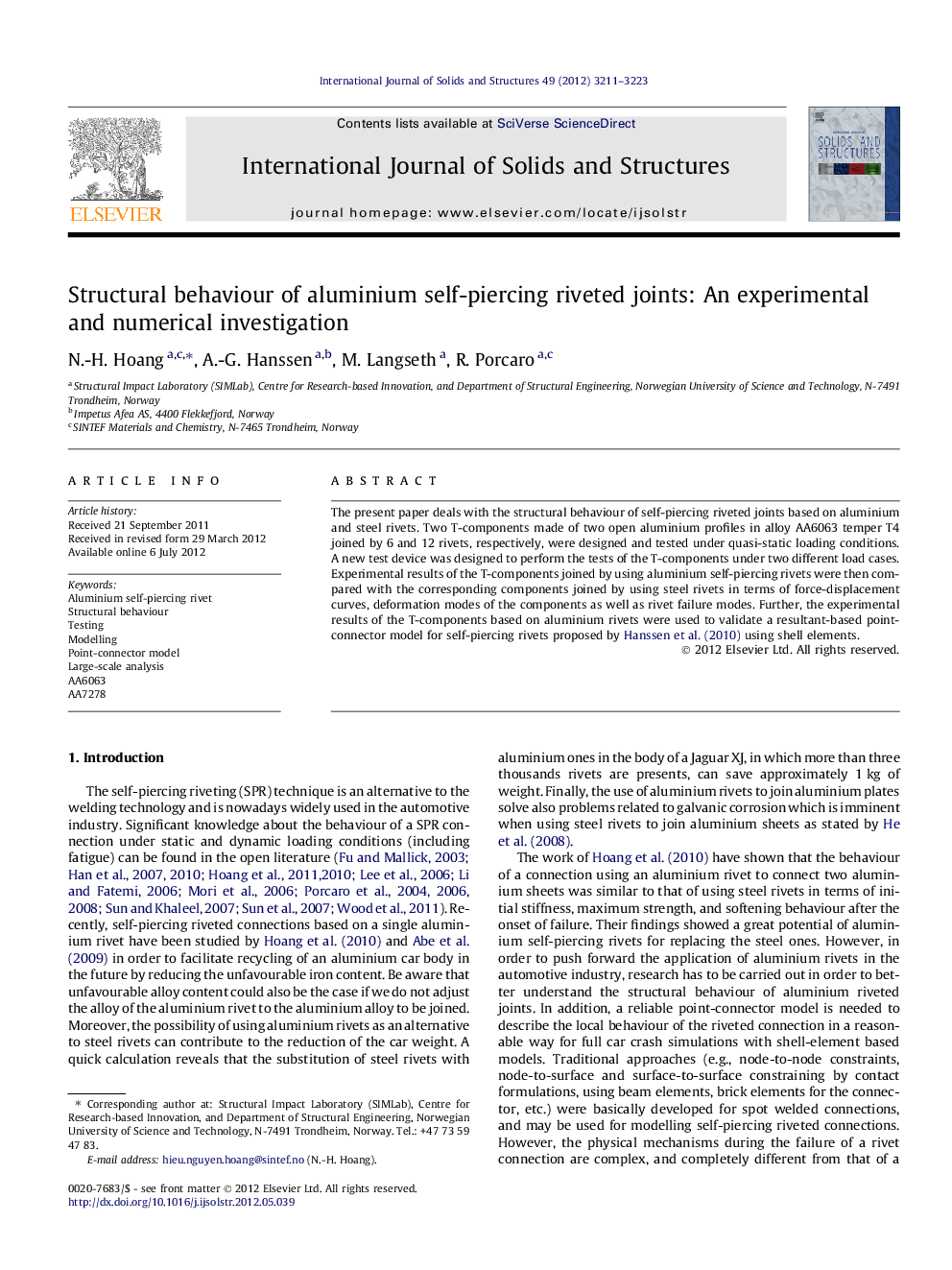 Structural behaviour of aluminium self-piercing riveted joints: An experimental and numerical investigation