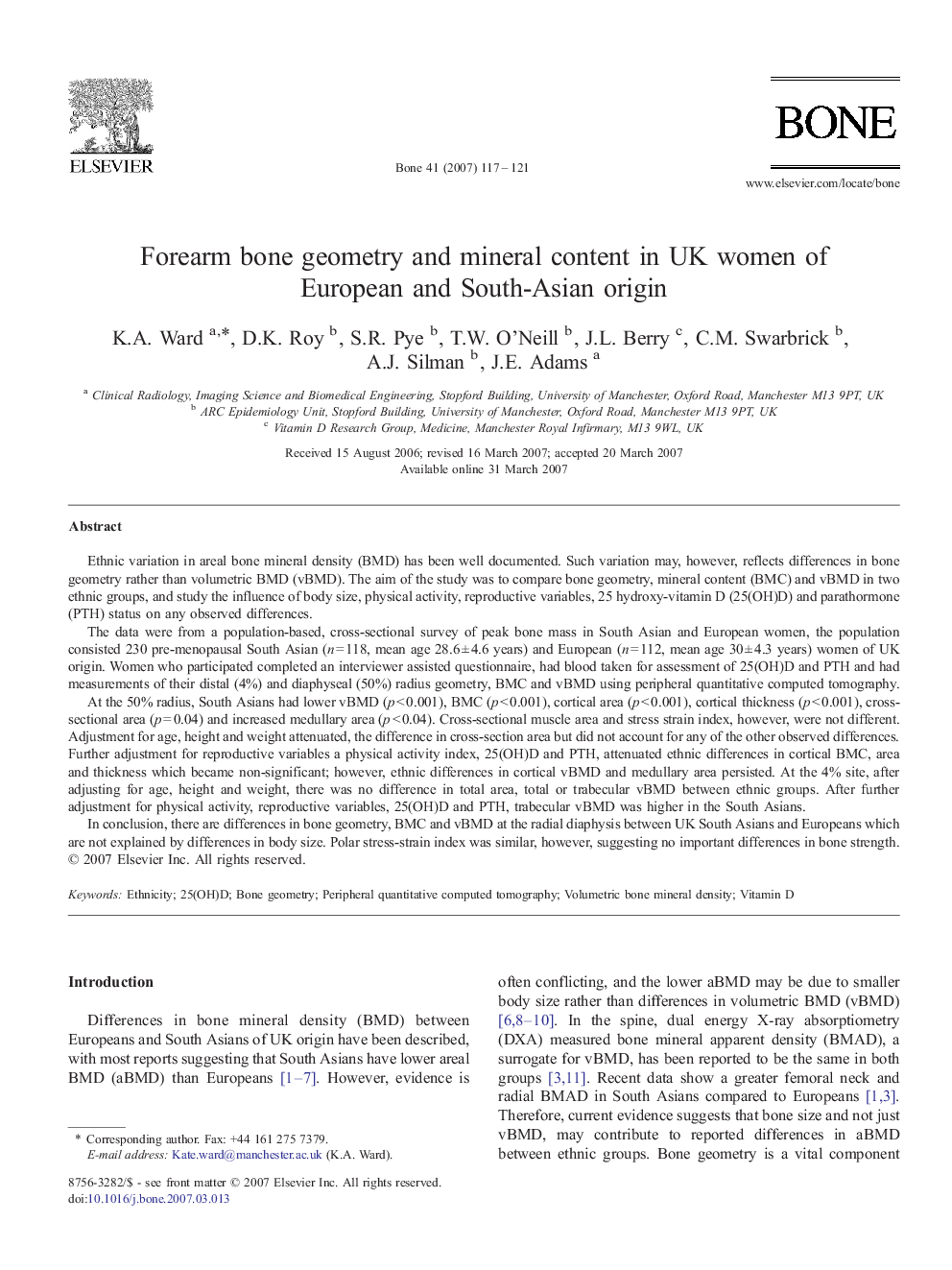 Forearm bone geometry and mineral content in UK women of European and South-Asian origin