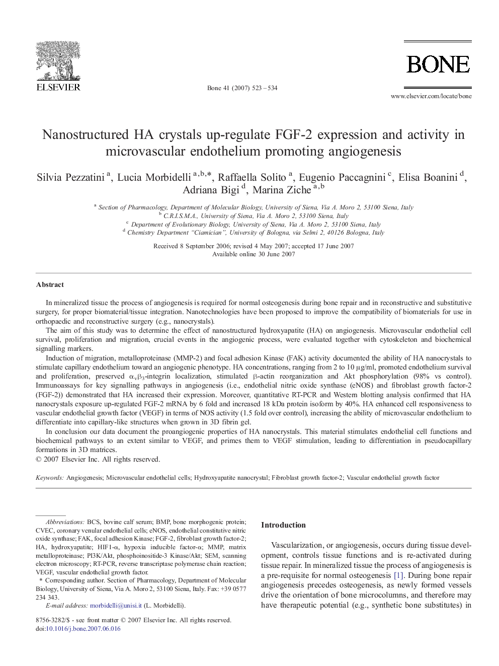 Nanostructured HA crystals up-regulate FGF-2 expression and activity in microvascular endothelium promoting angiogenesis