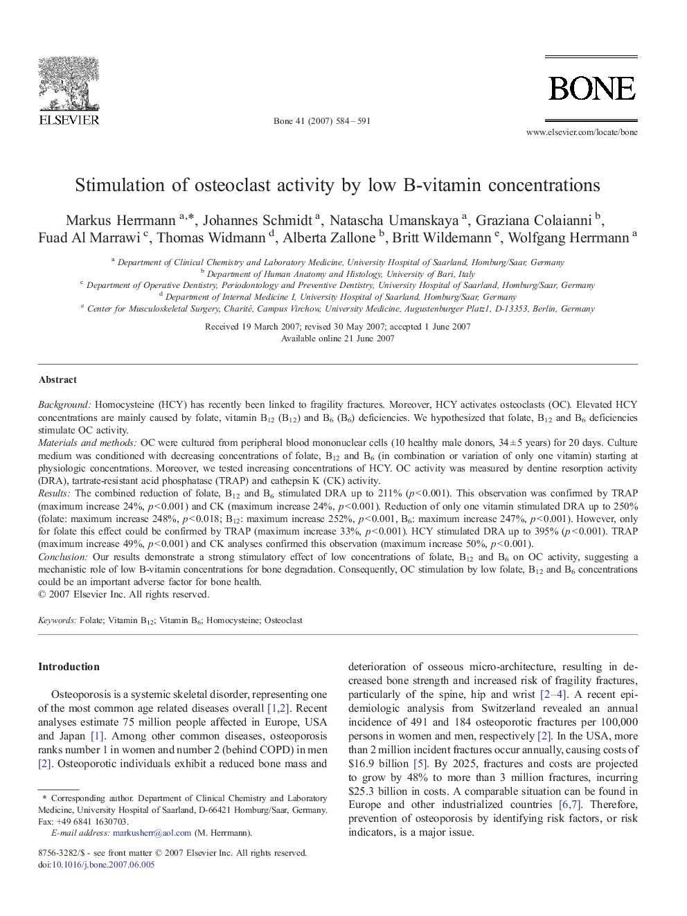 Stimulation of osteoclast activity by low B-vitamin concentrations