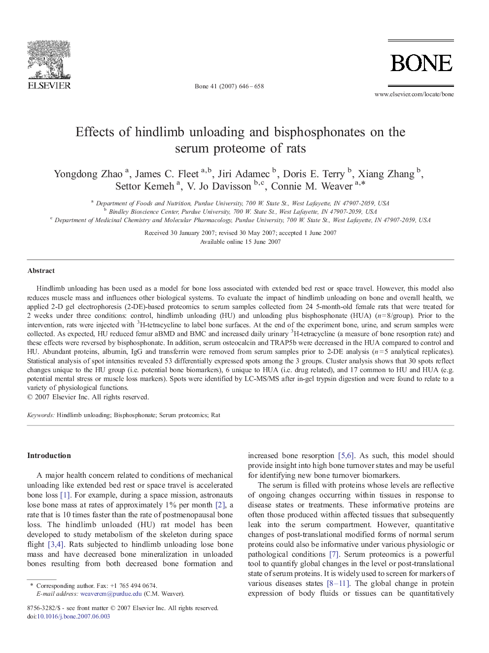 Effects of hindlimb unloading and bisphosphonates on the serum proteome of rats