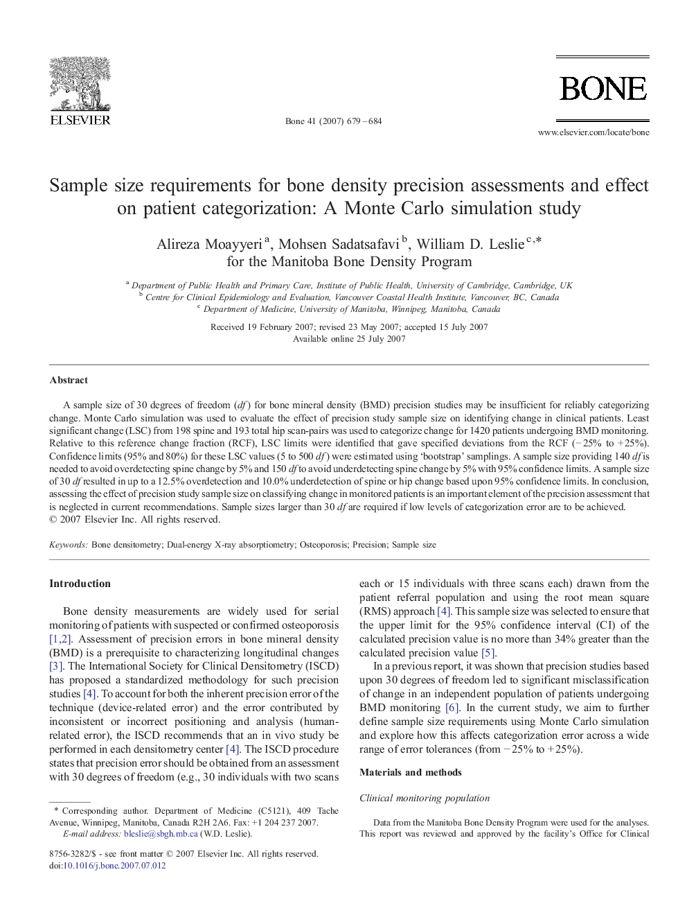 Sample size requirements for bone density precision assessments and effect on patient categorization: A Monte Carlo simulation study