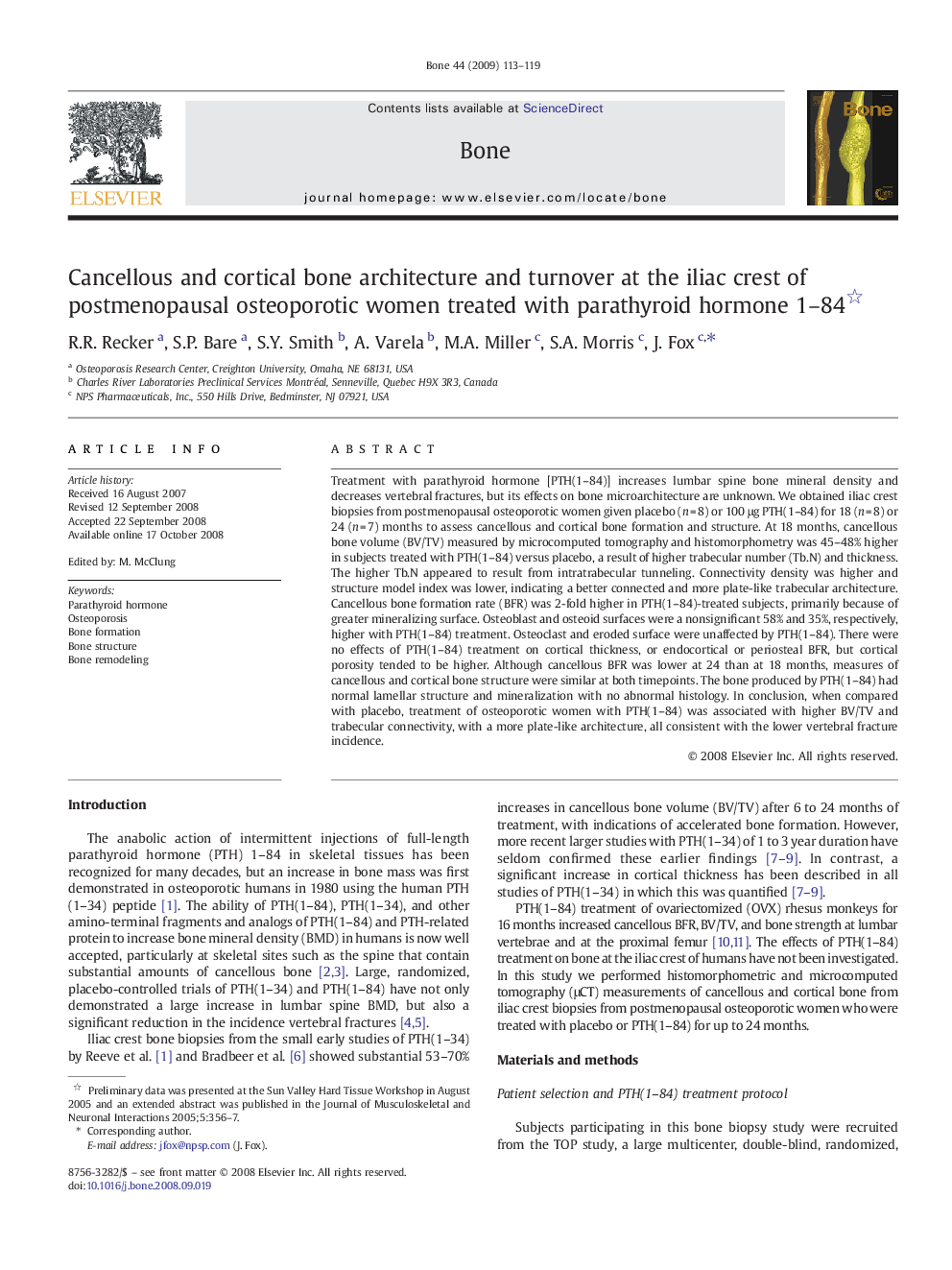 عکس صفحه اول مقاله: Cancellous and cortical bone architecture and turnover at the iliac crest of postmenopausal osteoporotic women treated with parathyroid hormone 1–84 Cancellous and cortical bone architecture and turnover at the iliac crest of postmenopausal osteoporotic women treated with parathyroid hormone 1–84