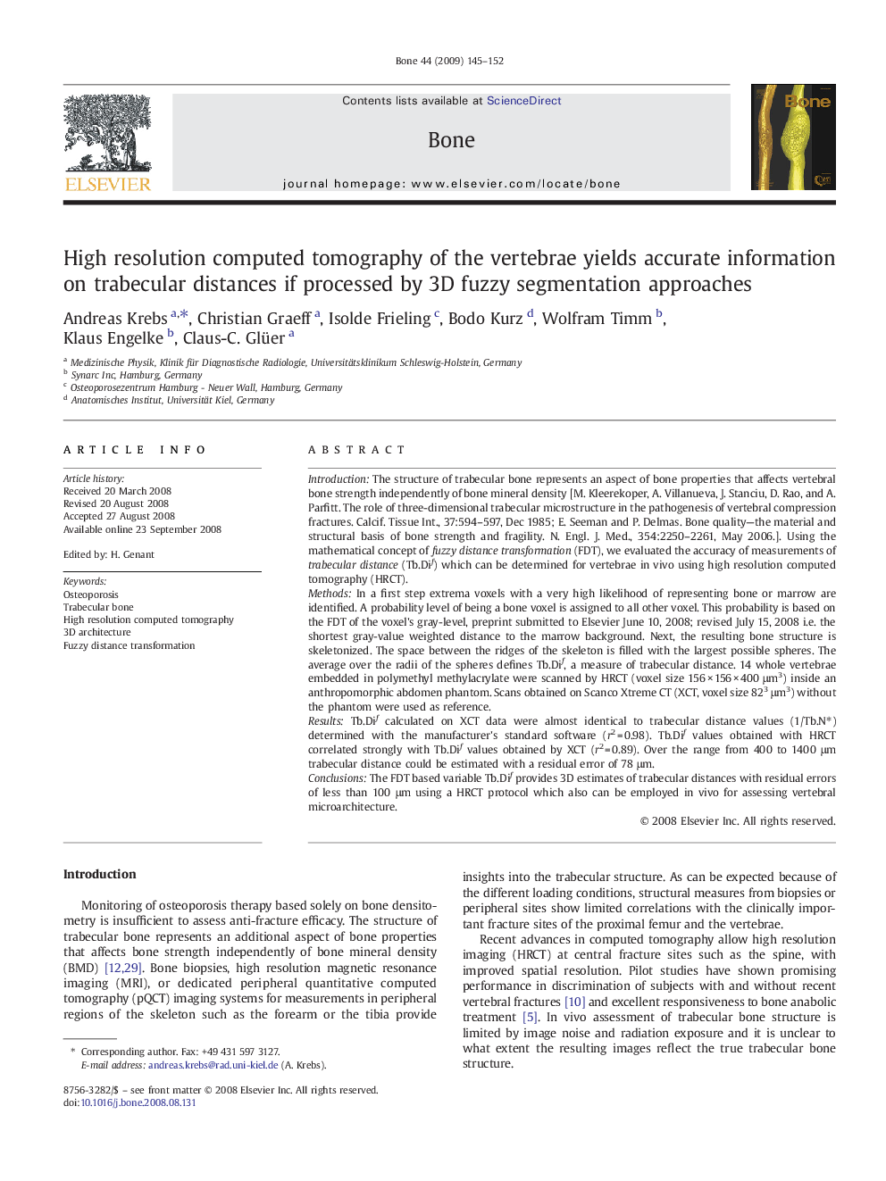 High resolution computed tomography of the vertebrae yields accurate information on trabecular distances if processed by 3D fuzzy segmentation approaches