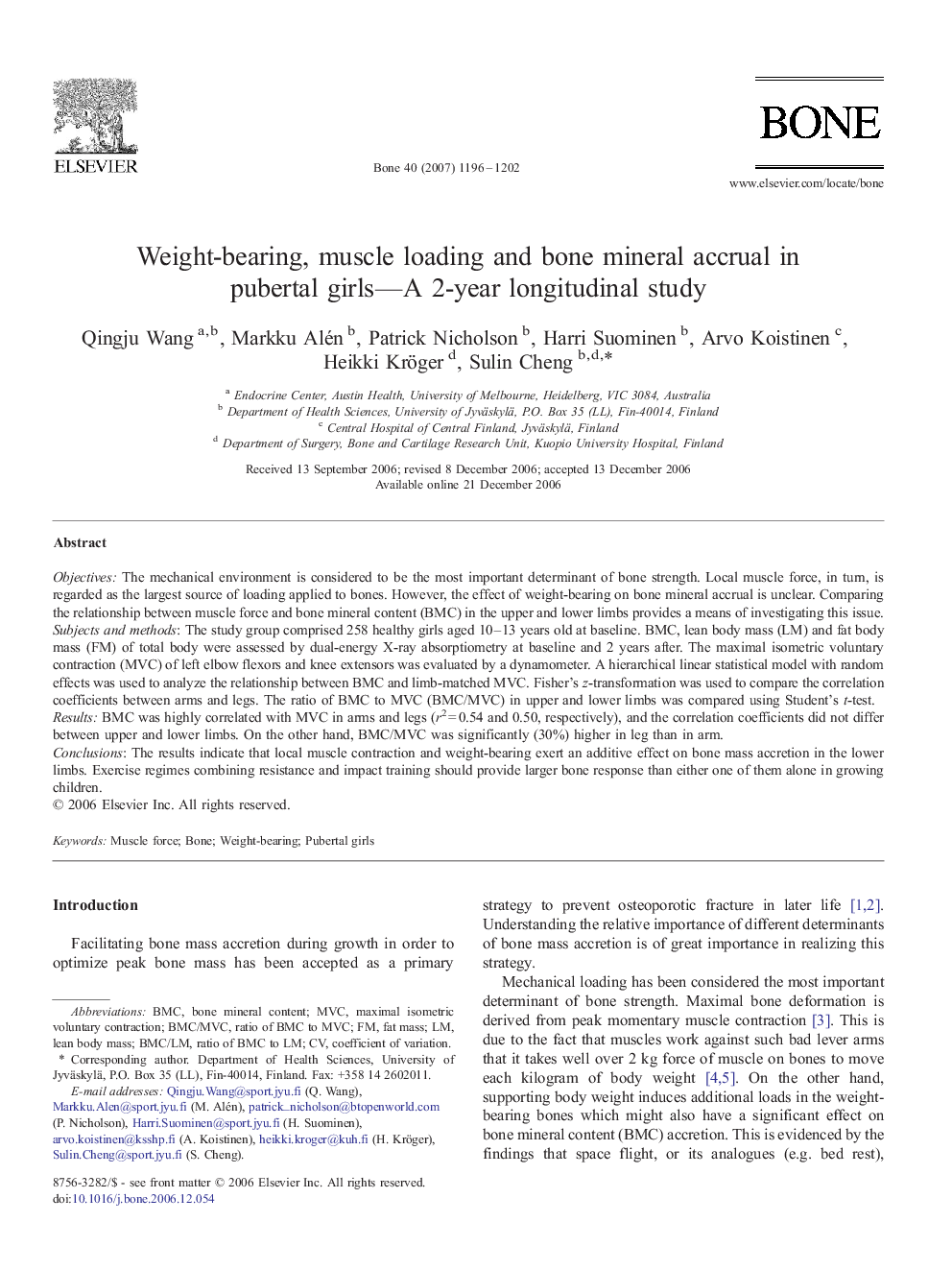 Weight-bearing, muscle loading and bone mineral accrual in pubertal girls—A 2-year longitudinal study