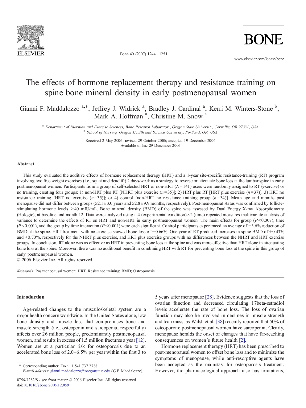 The effects of hormone replacement therapy and resistance training on spine bone mineral density in early postmenopausal women