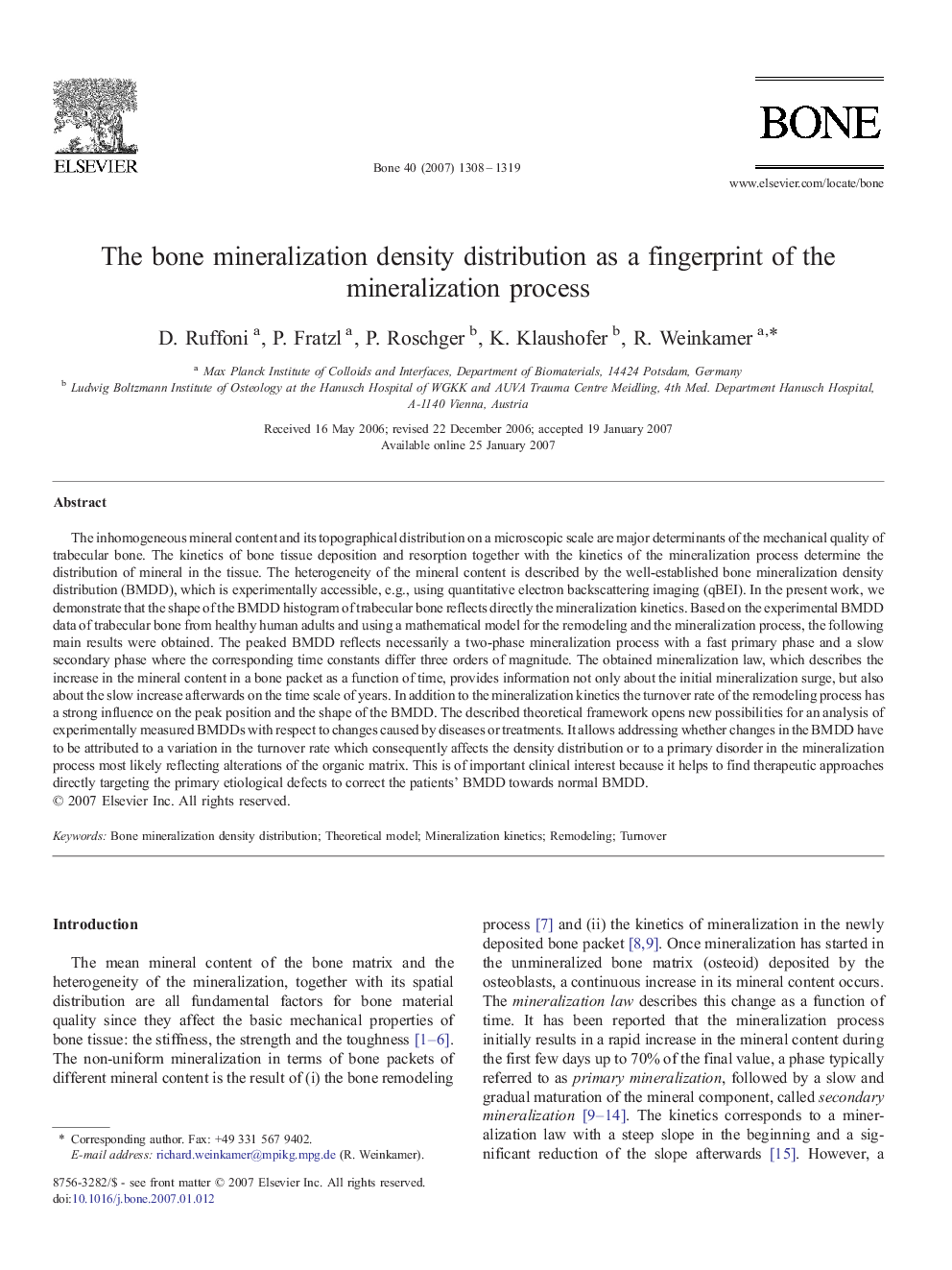 The bone mineralization density distribution as a fingerprint of the mineralization process