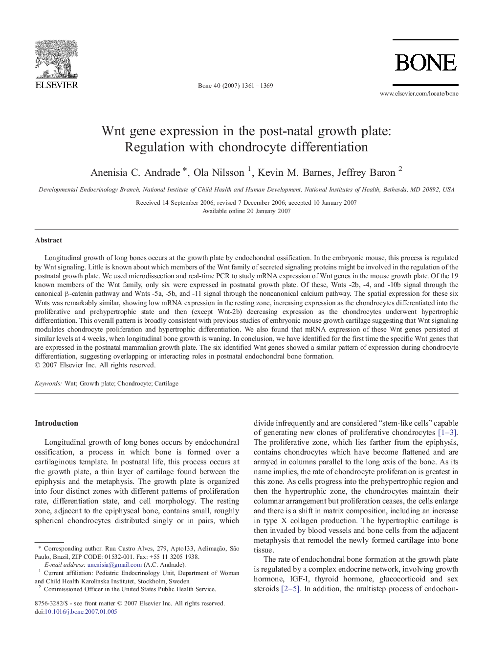 Wnt gene expression in the post-natal growth plate: Regulation with chondrocyte differentiation