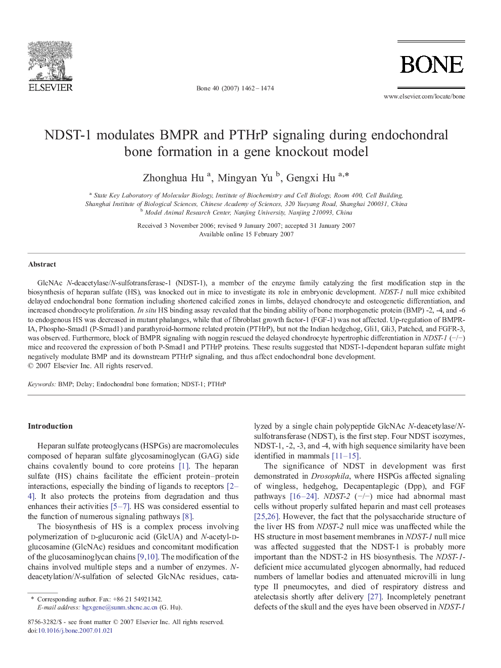 NDST-1 modulates BMPR and PTHrP signaling during endochondral bone formation in a gene knockout model