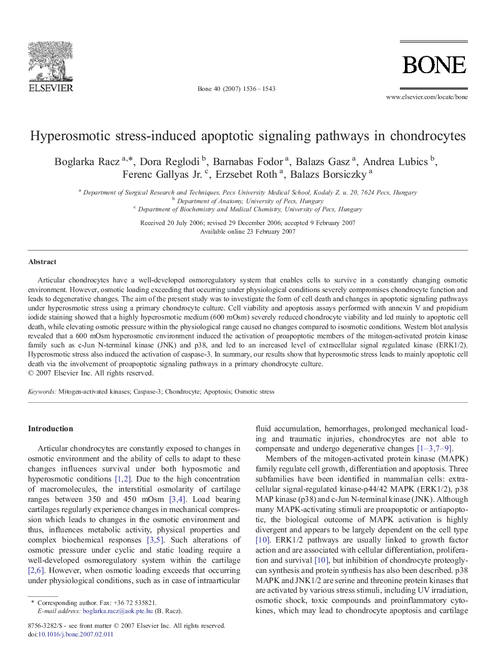 Hyperosmotic stress-induced apoptotic signaling pathways in chondrocytes