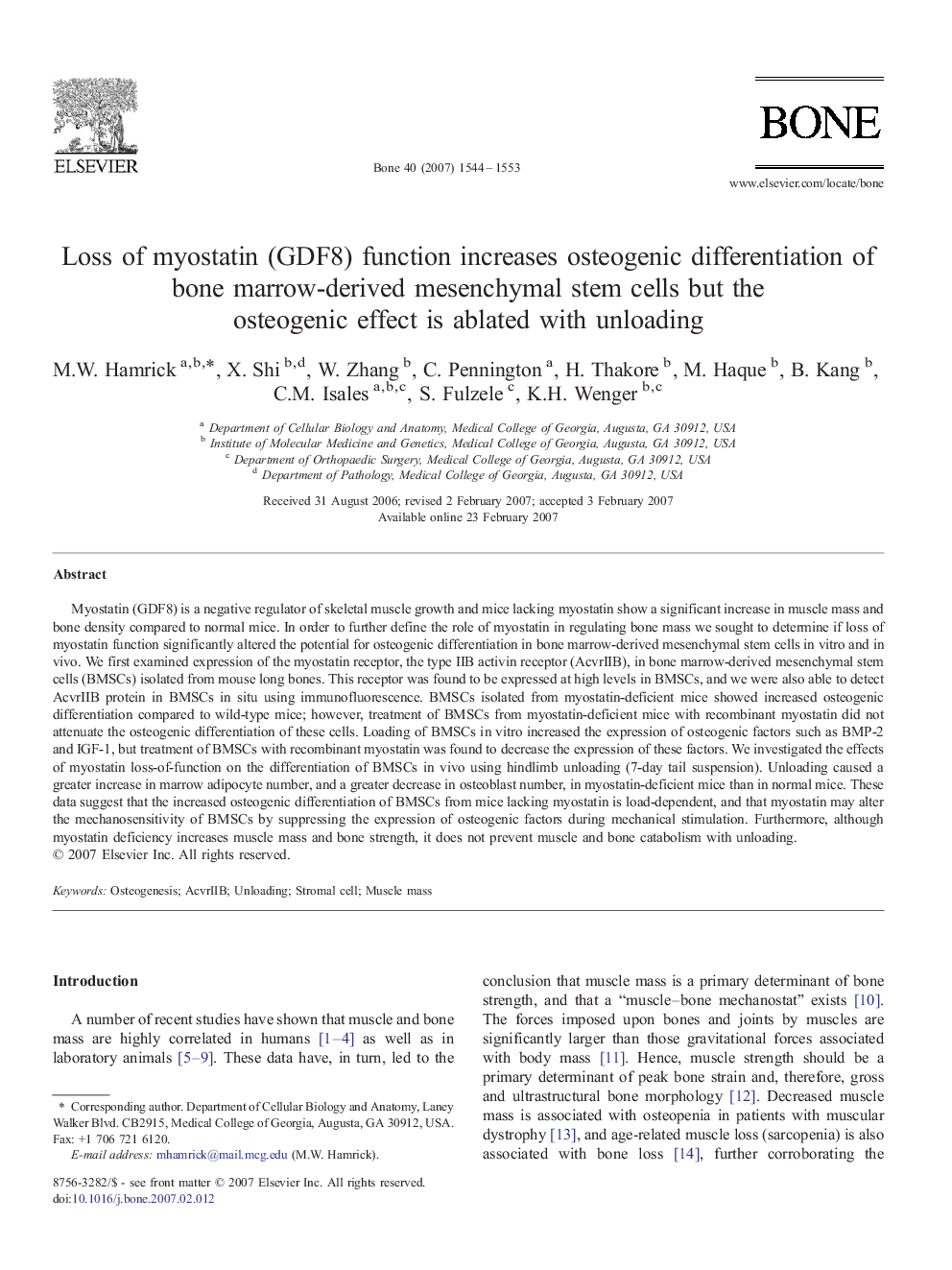 Loss of myostatin (GDF8) function increases osteogenic differentiation of bone marrow-derived mesenchymal stem cells but the osteogenic effect is ablated with unloading