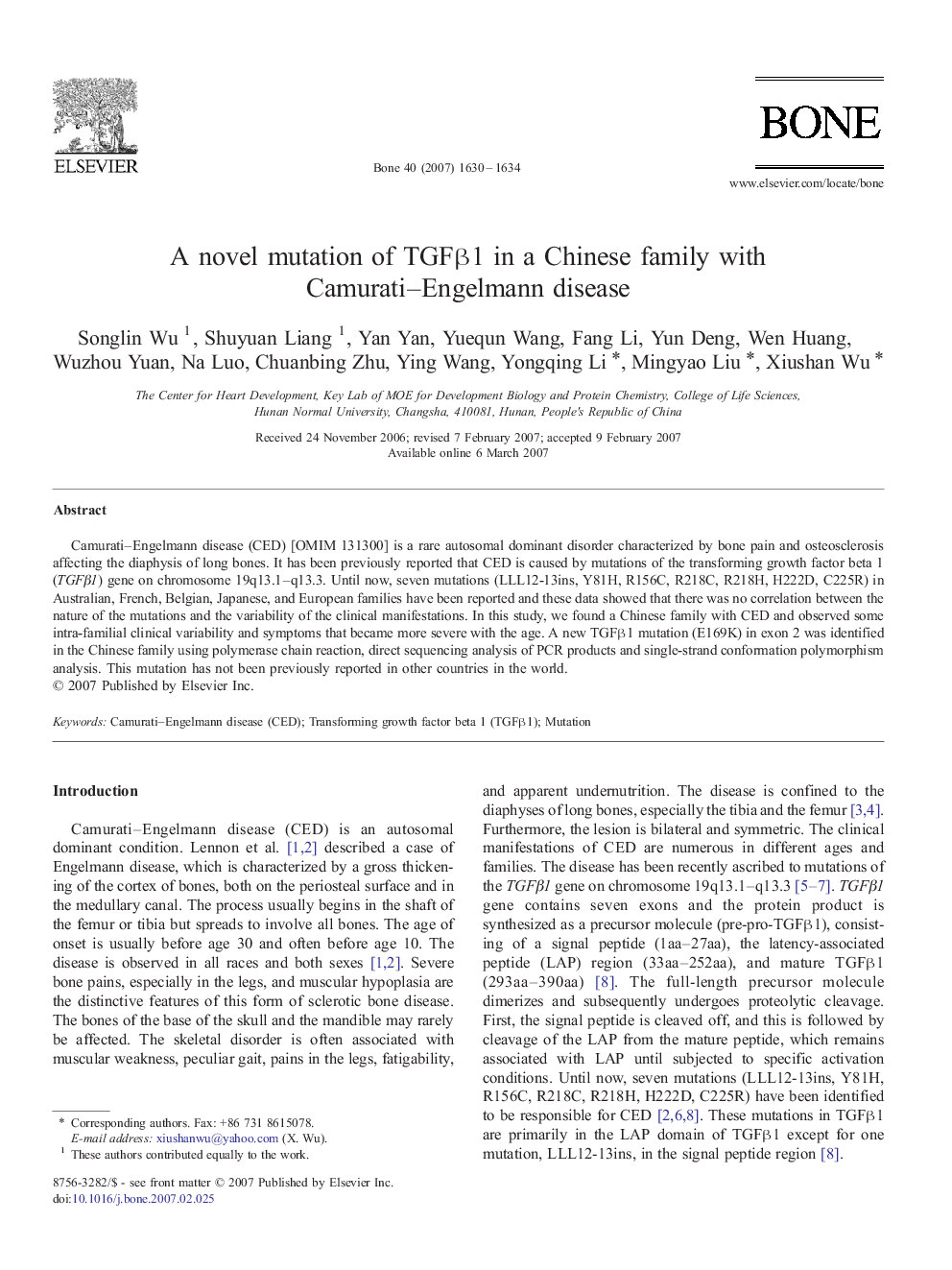 A novel mutation of TGFÎ²1 in a Chinese family with Camurati-Engelmann disease