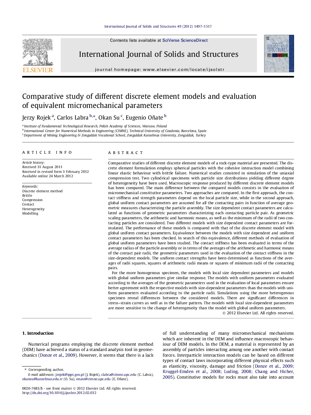 Comparative study of different discrete element models and evaluation of equivalent micromechanical parameters