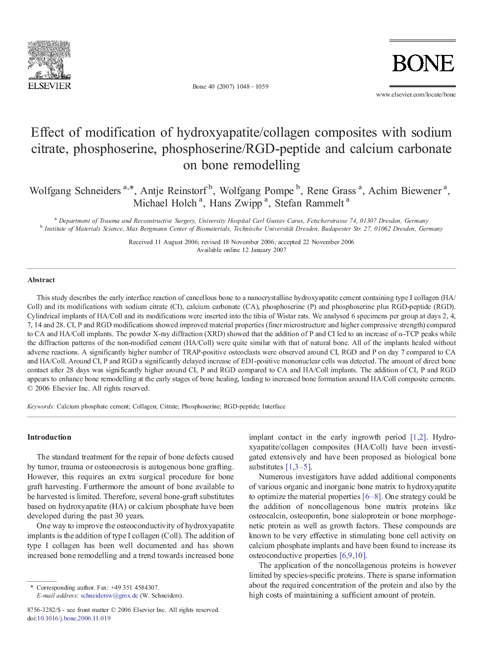 Effect of modification of hydroxyapatite/collagen composites with sodium citrate, phosphoserine, phosphoserine/RGD-peptide and calcium carbonate on bone remodelling