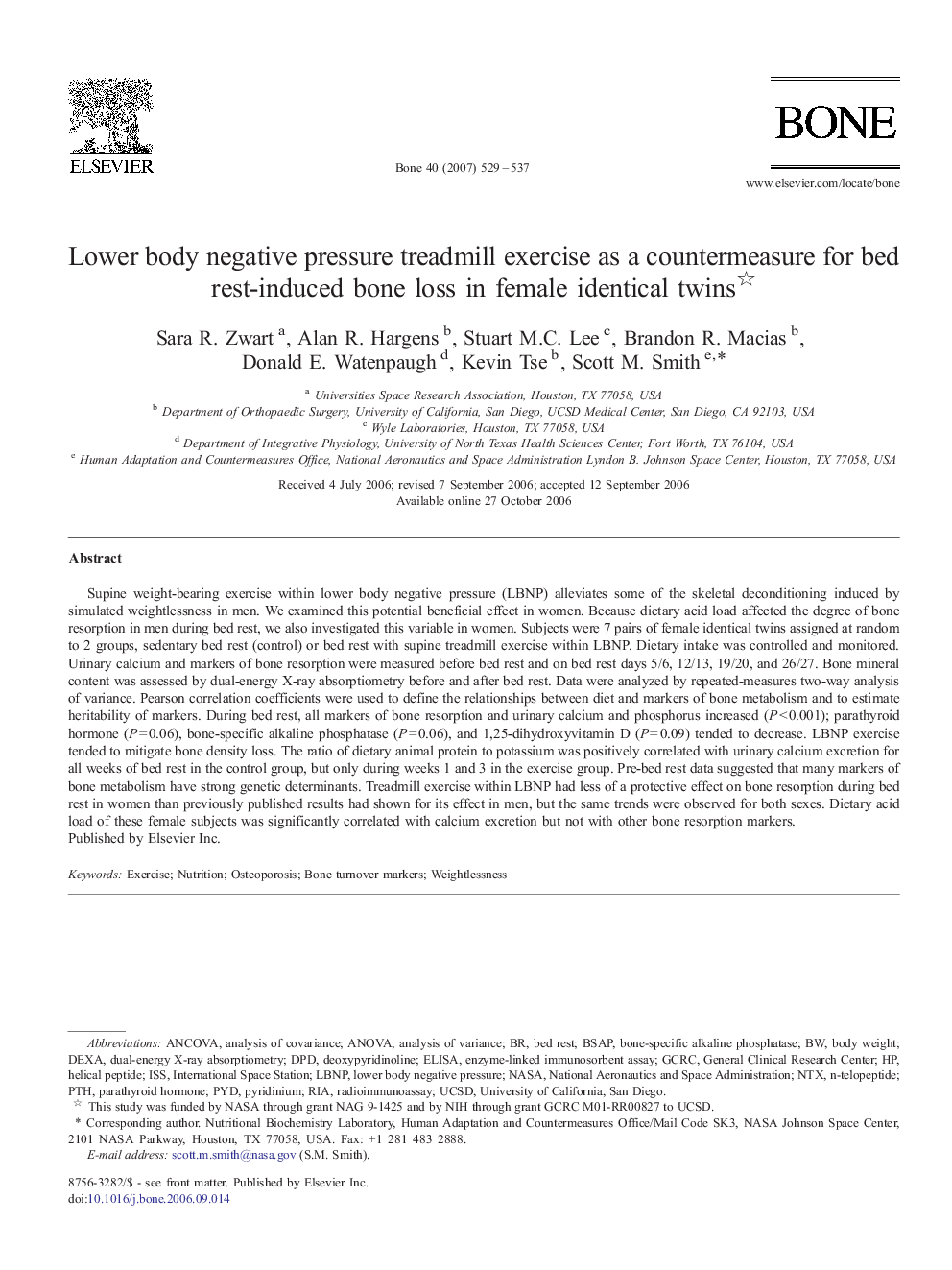 Lower body negative pressure treadmill exercise as a countermeasure for bed rest-induced bone loss in female identical twins 