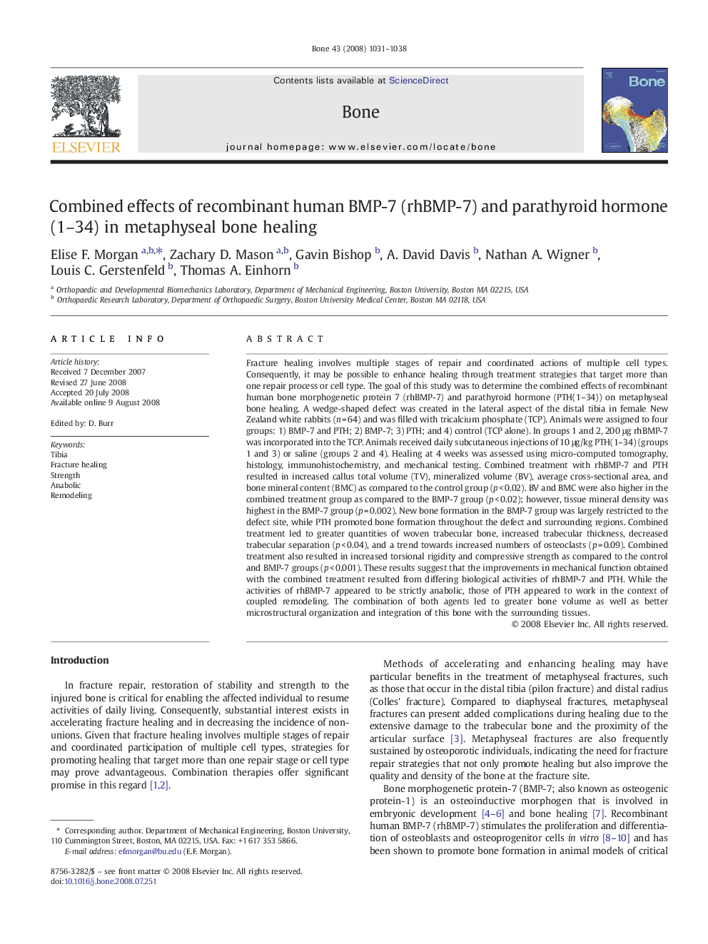 عکس صفحه اول مقاله: Combined effects of recombinant human BMP-7 (rhBMP-7) and parathyroid hormone (1-34) in metaphyseal bone healing Combined effects of recombinant human BMP-7 (rhBMP-7) and parathyroid hormone (1-34) in metaphyseal bone healing