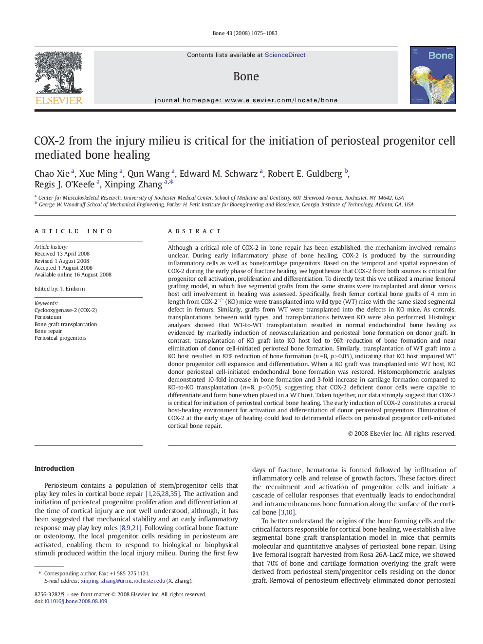 COX-2 from the injury milieu is critical for the initiation of periosteal progenitor cell mediated bone healing