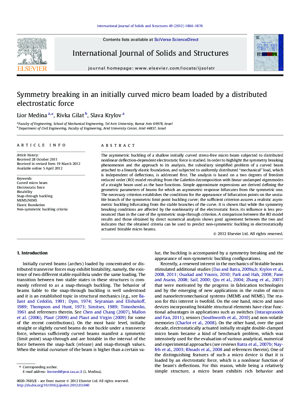 Symmetry breaking in an initially curved micro beam loaded by a distributed electrostatic force