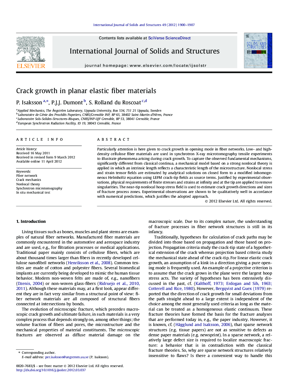 Crack growth in planar elastic fiber materials