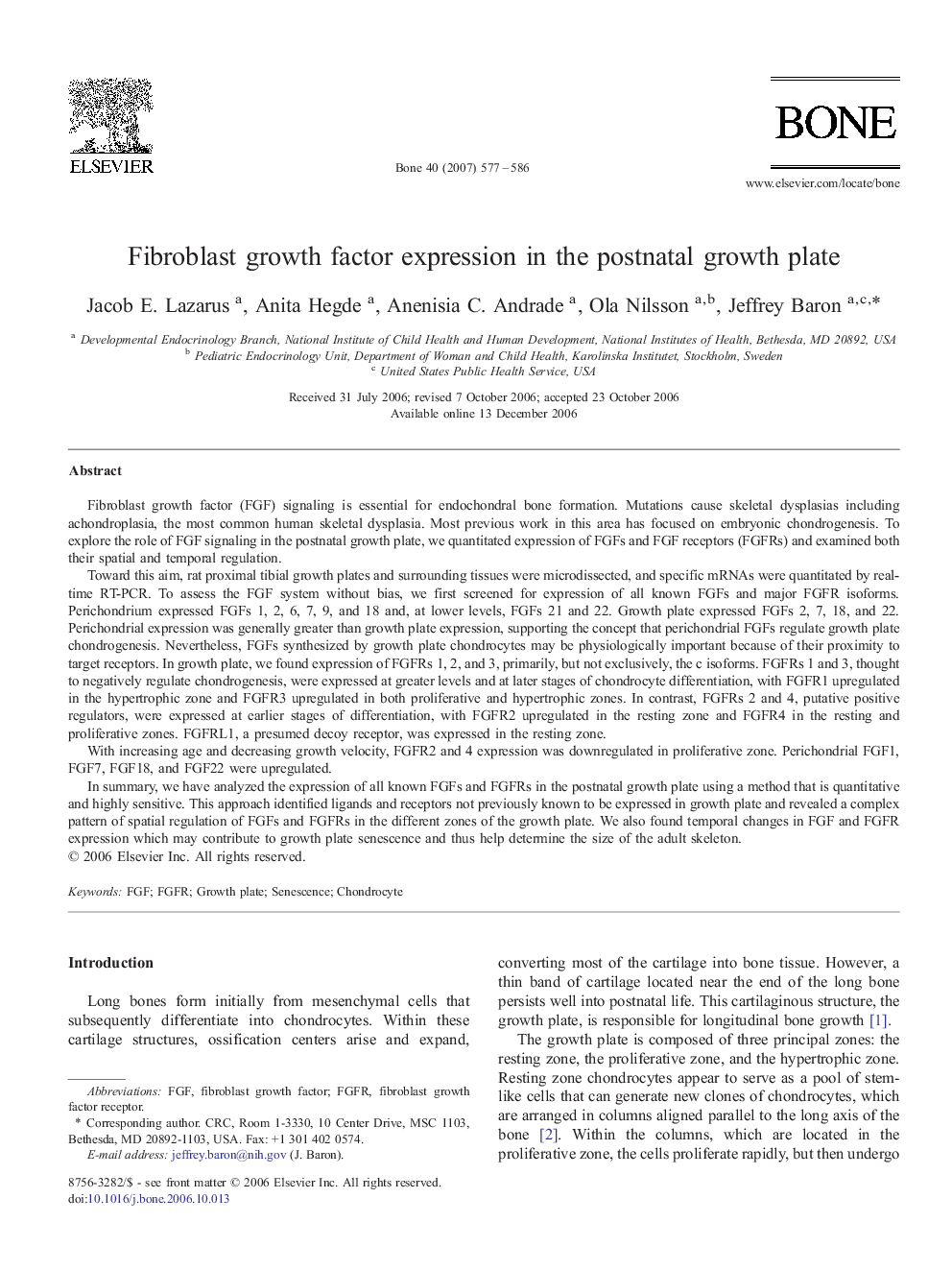 Fibroblast growth factor expression in the postnatal growth plate